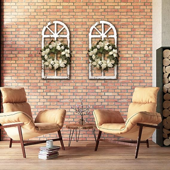 Toppay 2-Pack Distressed Arched Cathedral Window Frame Wall Decor, Antique White, 32 inchx16 inch
