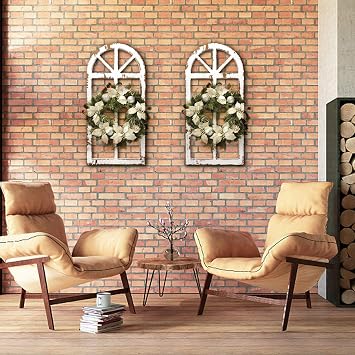 Toppay 2-Pack Distressed Arched Cathedral Window Frame Wall Decor, Antique White, 32 inchx16 inch