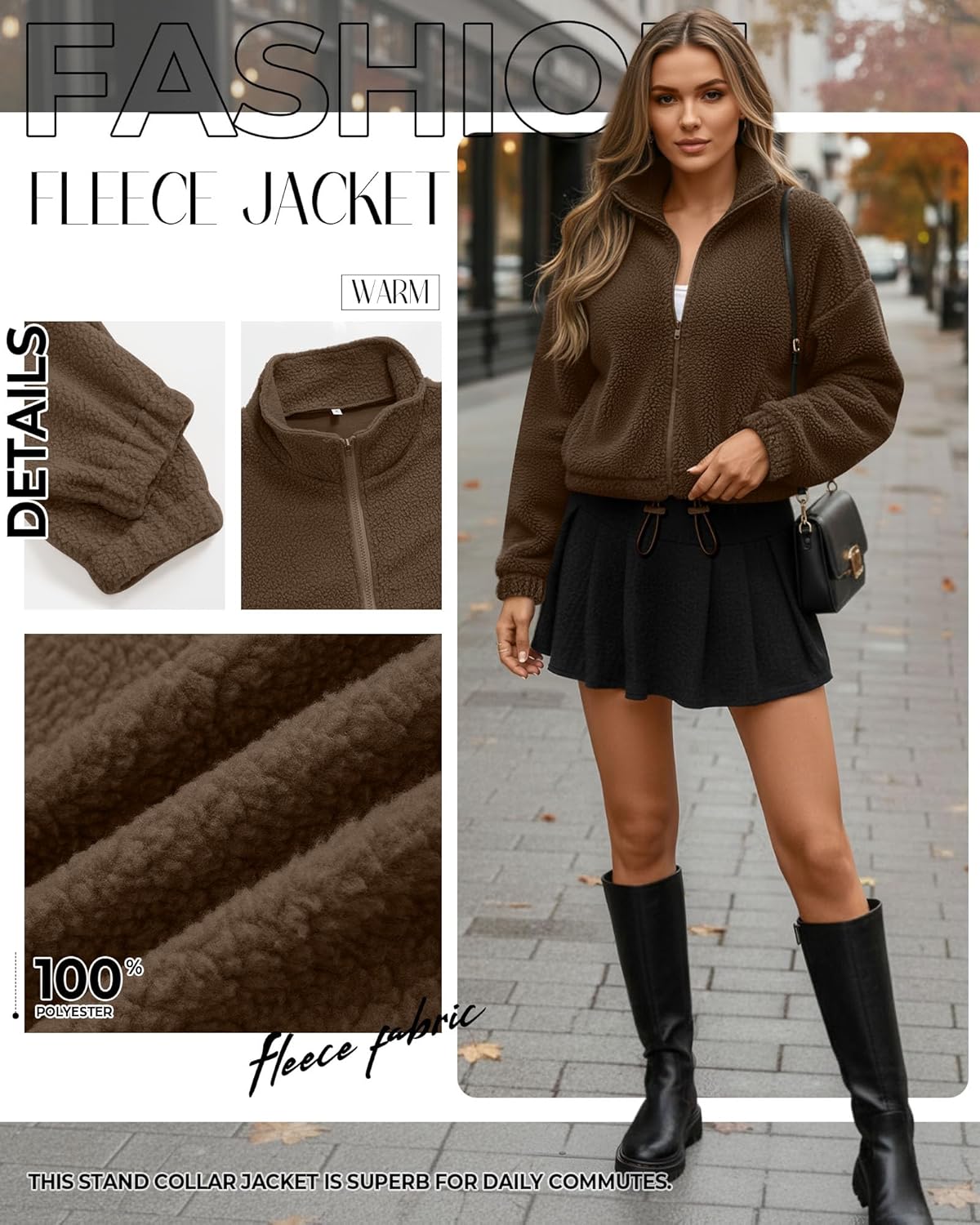 Riyiper Women's Fleece Jacket Cropped Zip Up Lightweight Sweatshirts Stand Collar Winter Sherpa Long Sleeve Coat 2025 Trendy(Brown,Small) - Image 5