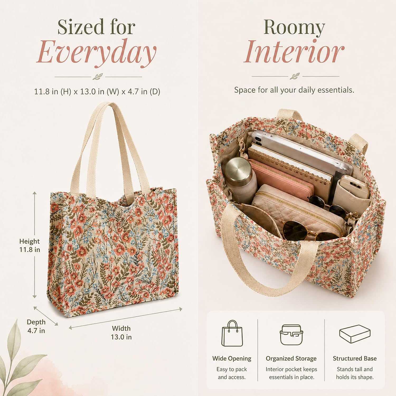 Canvas Tote Bag for Women, Floral Reusable Shoulder Bag Ladies Cute Cloths Handbags for Work Travel image 3