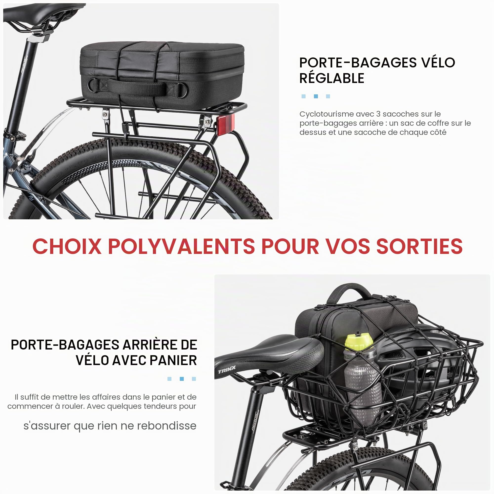 CXWXC Porte-bagages de vélo avec arrière - Panier de vélo amovible et réflecteur pour pneus de 26 à 29" - Porte-bagages arrière pour VTT et vélos de route jusqu'à 27 kg