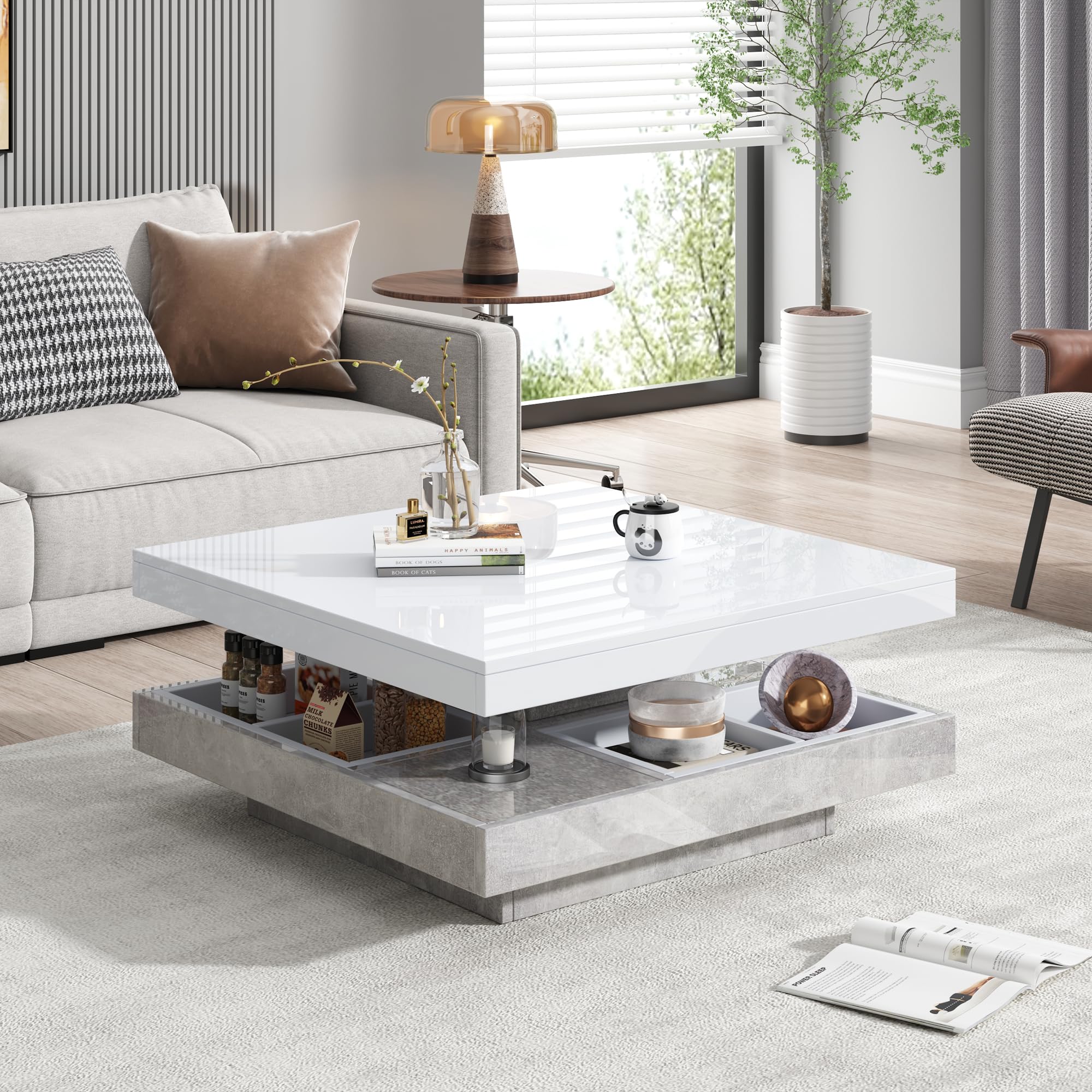 Merax Couchtisch quadratische mit Drehbarer Schreibtisch, Moderner Wohnzimmertisch mit verstecktem Ablagefach, kreativer Sofatisch Kaffeetisch Beistelltisch Mitteltisch für Home Office, Weiß & Marmor