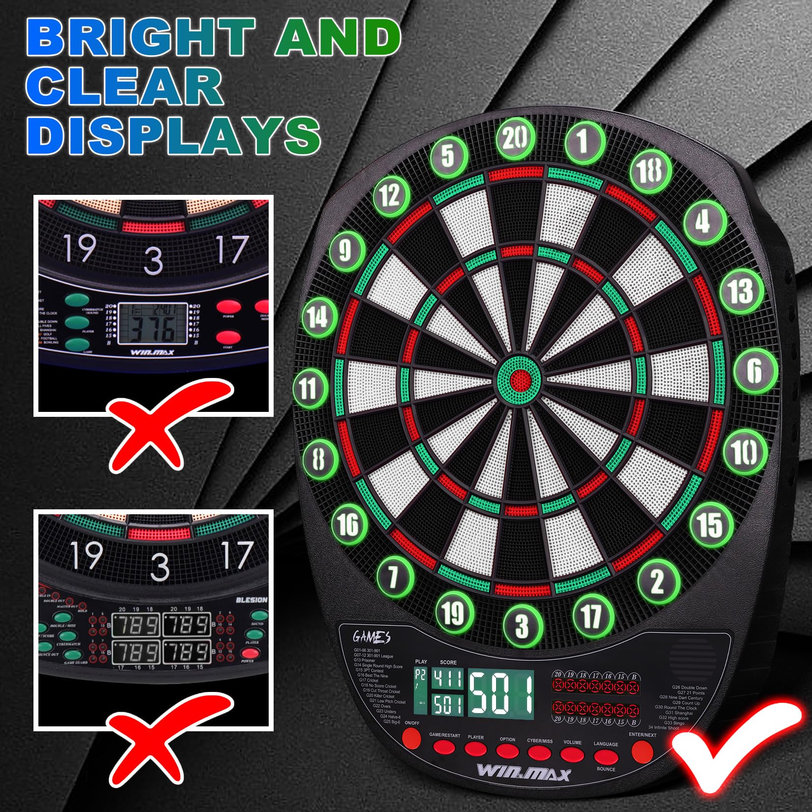 Bersaglio elettronico professionale 34 giochi 354 varianti 3 lingue tedesco inglese francese 1-8 giocatori 12 freccette