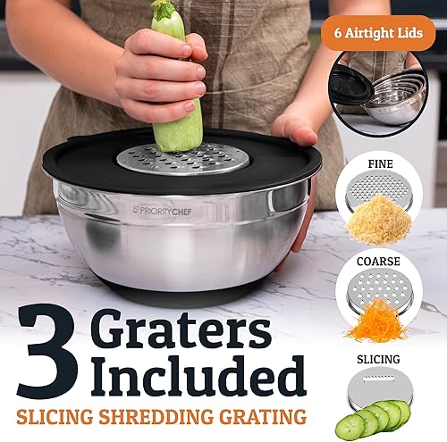 Miniatura 5 de Priority Chef Juego de tazones para mezclar de acero inoxidable con tapas, 30 piezas de primera calidad con 6 cuencos de metal para cocina, 3