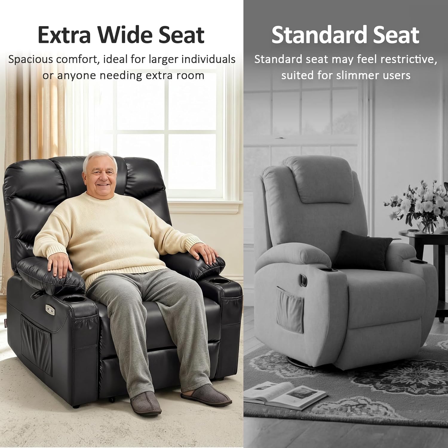MCombo Oversized Power Lift Recliner Chair with Extended Footrest, Extra Wide for Big and Tall Elderly People, Faux Leather R7289 (Black, Medium-Oversize)