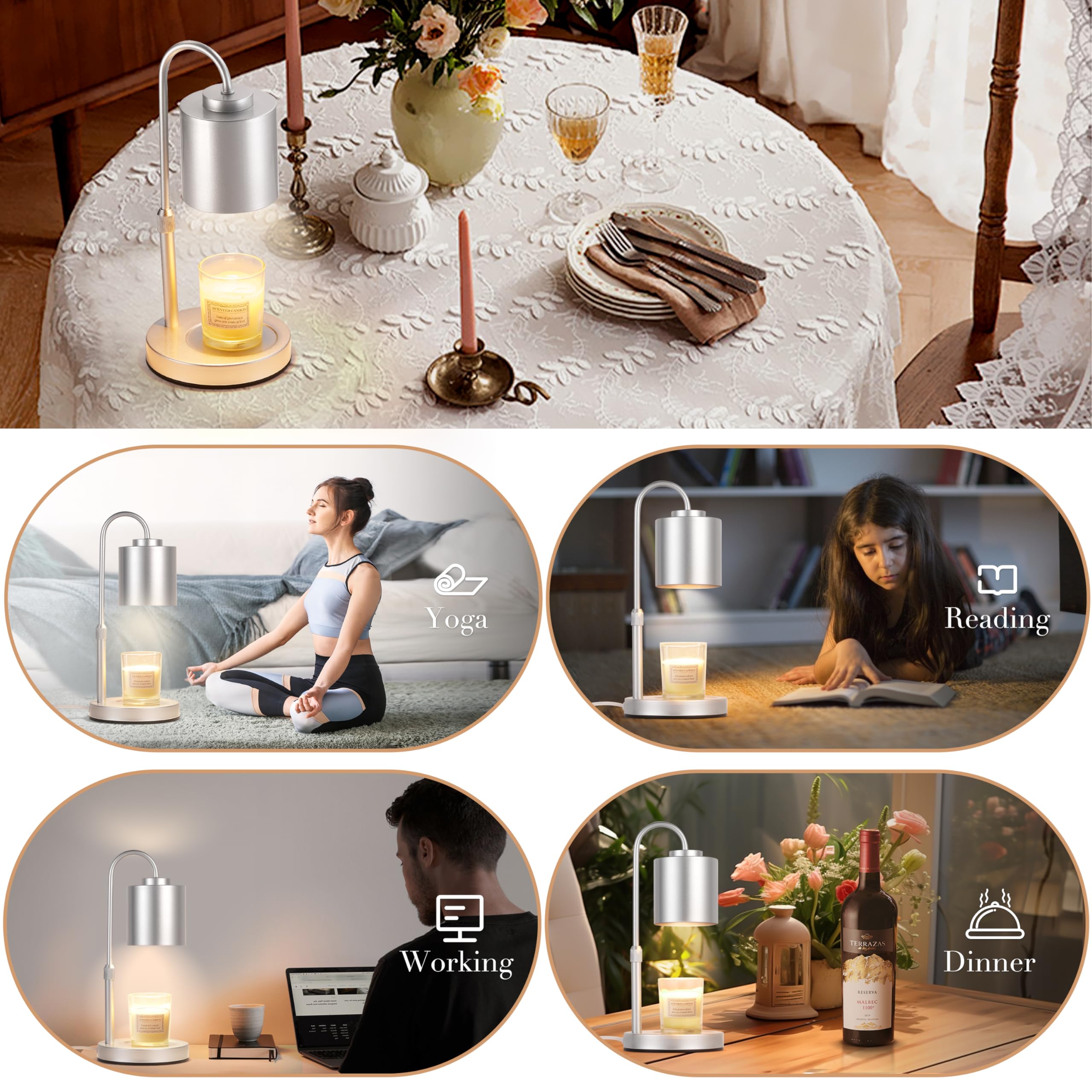 CASTLELIFE Candle Warmer Lamp with Timer & Dimmer, Height Adjustable Electric Wax Melt Warmer for Jar Candles, Gifts for Mom Home Decor, Silver