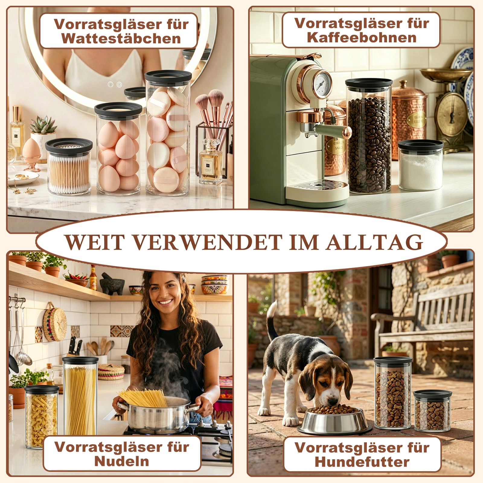 Vorratsgläser mit Deckel Glas 4er Set 1800ml Vorratsdosen Glas Luftdicht mit Transparenten Glasdeckel Vorratsglas Rund mit Etiketten Stapelbare Aufbewahrungsgläser für Küche Spaghetti Aufbewahrung
