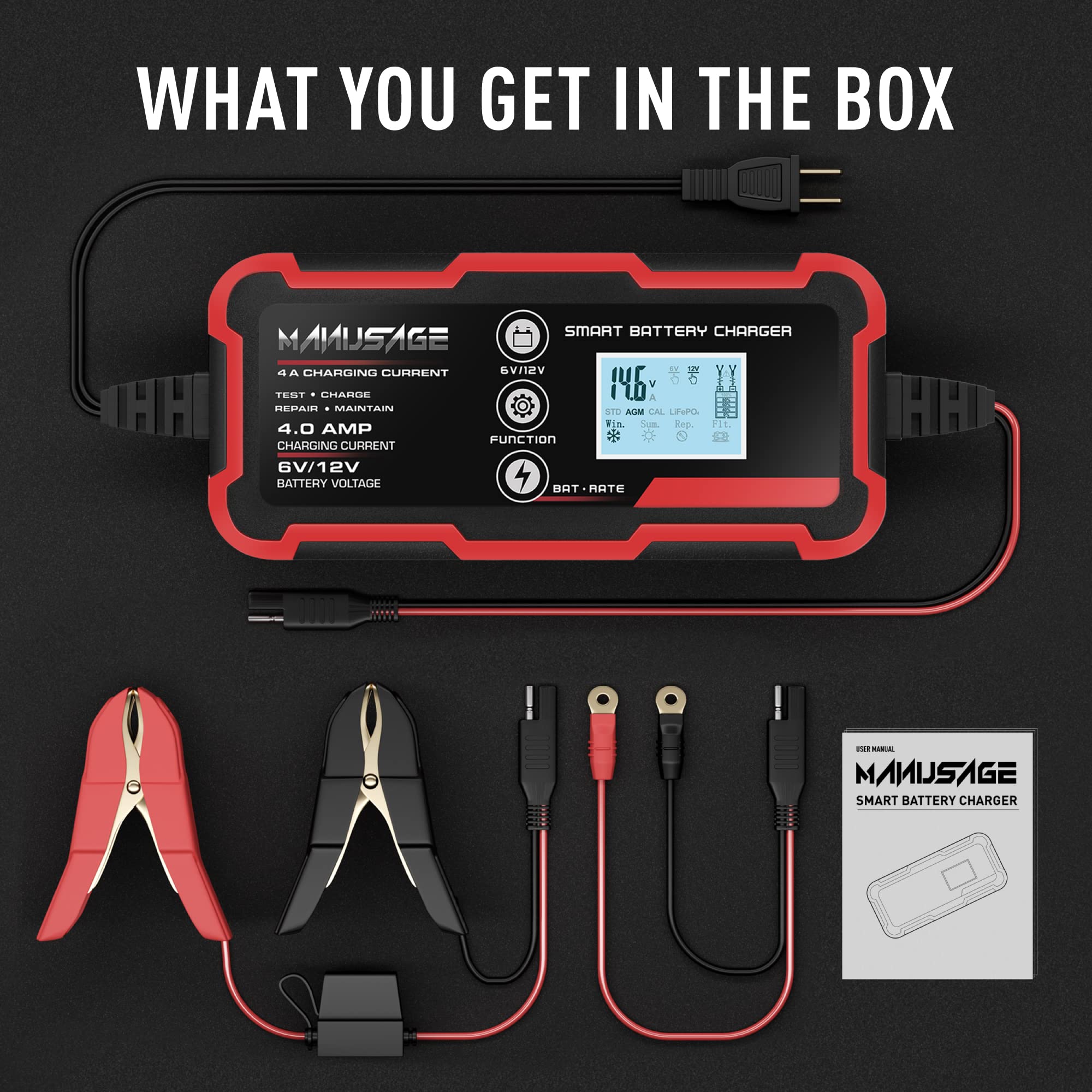 Manusage 4-Amp Fully-Automatic Smart Charger, 6V and 12V Portable Automotive Car Battery Charger, Battery Maintainer, Trickle Charger,Battery Desulfator with Temperature Compensation, AGM,Deep Cycle