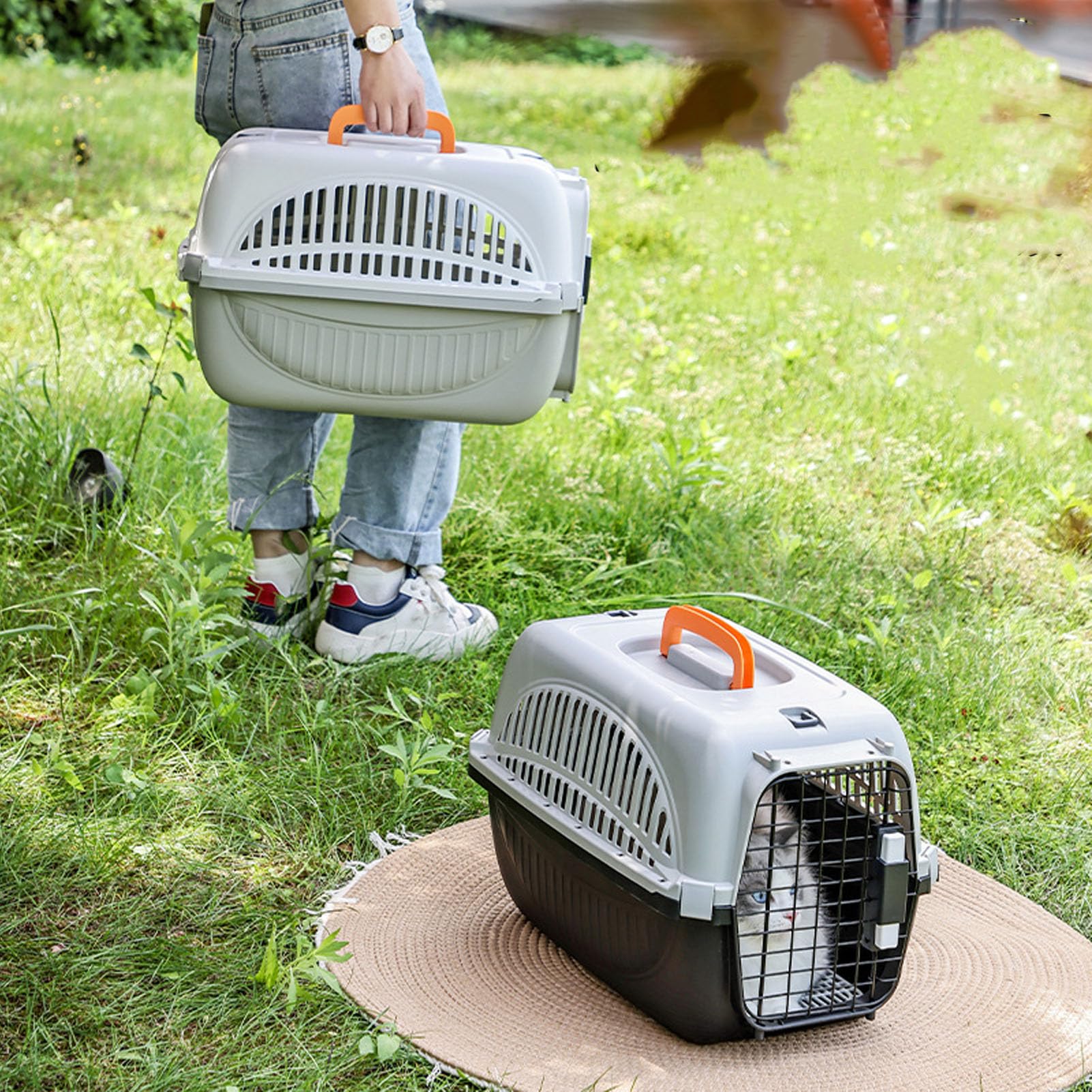 Ejoyous Plastikowy Transporter dla Zwierząt, Lekki, Przenośny Transporter dla Psa z dużą ilością Miejsca do łatwych Podróży na świeżym Powietrzu i Wizyt u Weterynarza (GREY)