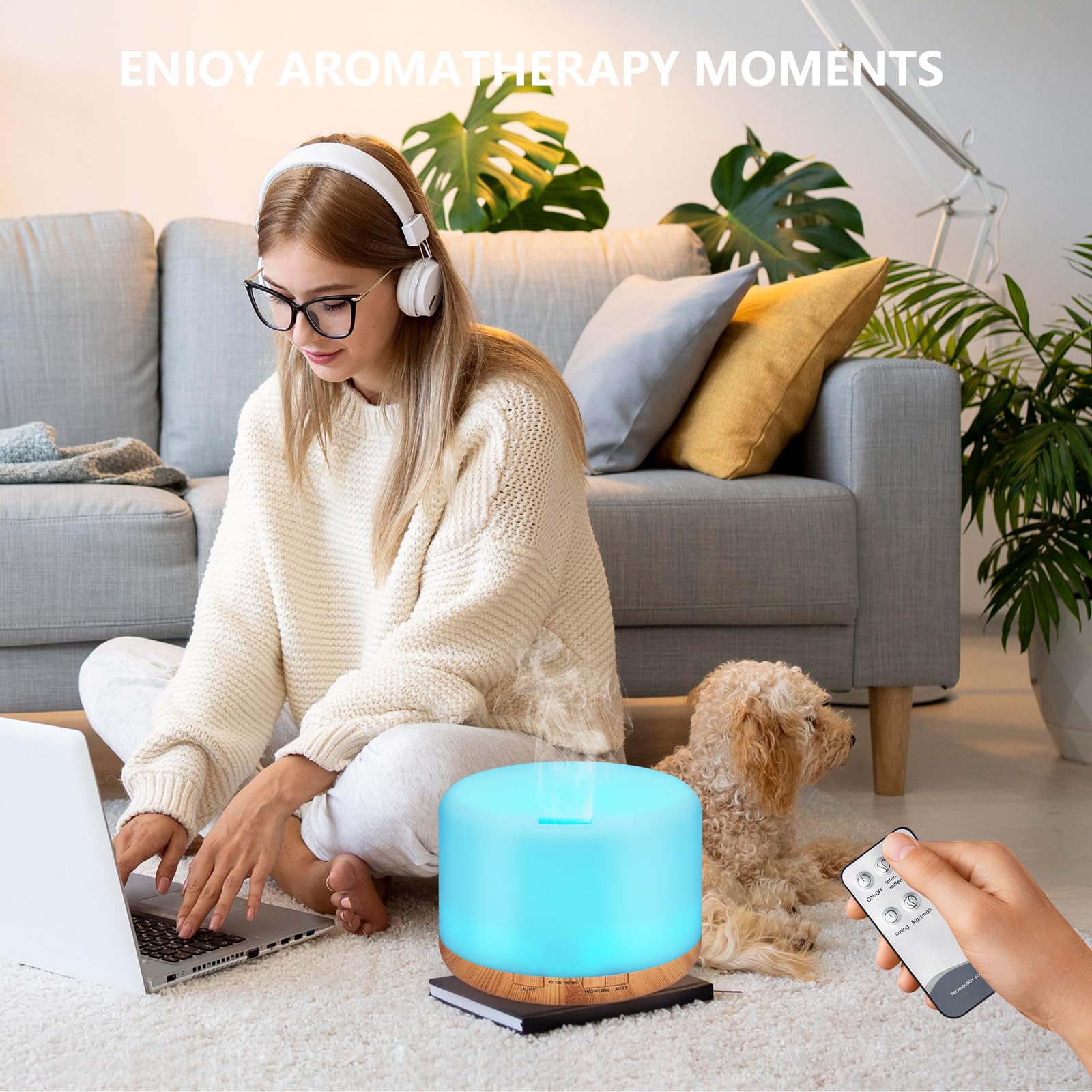 WD&CD Diffusore di Aromi, 1000ml Umidificatore Ultrasuoni con Telecomando/7 LED Colori/Spegnimento Automatico, Diffusore di Oli Essenziali per Spa, Venatura Del Legno Chiaro