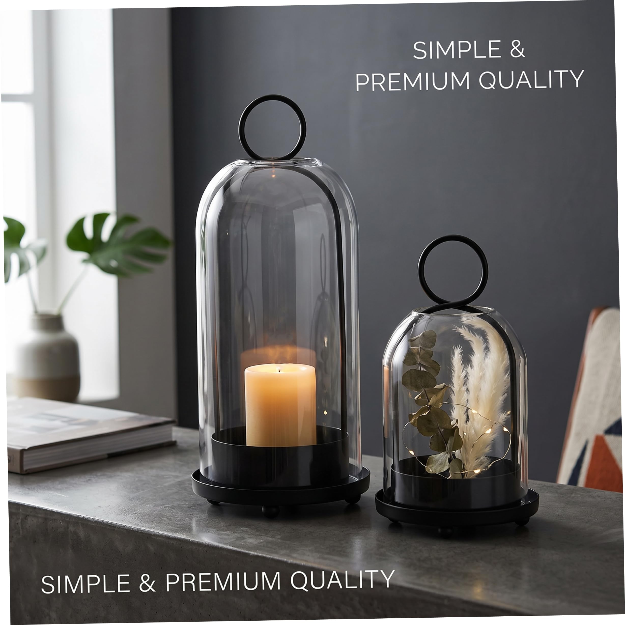 Juego de 2 portavelas de Cristal Hurricane, de Mesa o Colgantes, de Metal Negro y Cristal Transparente para Velas de Pilar..