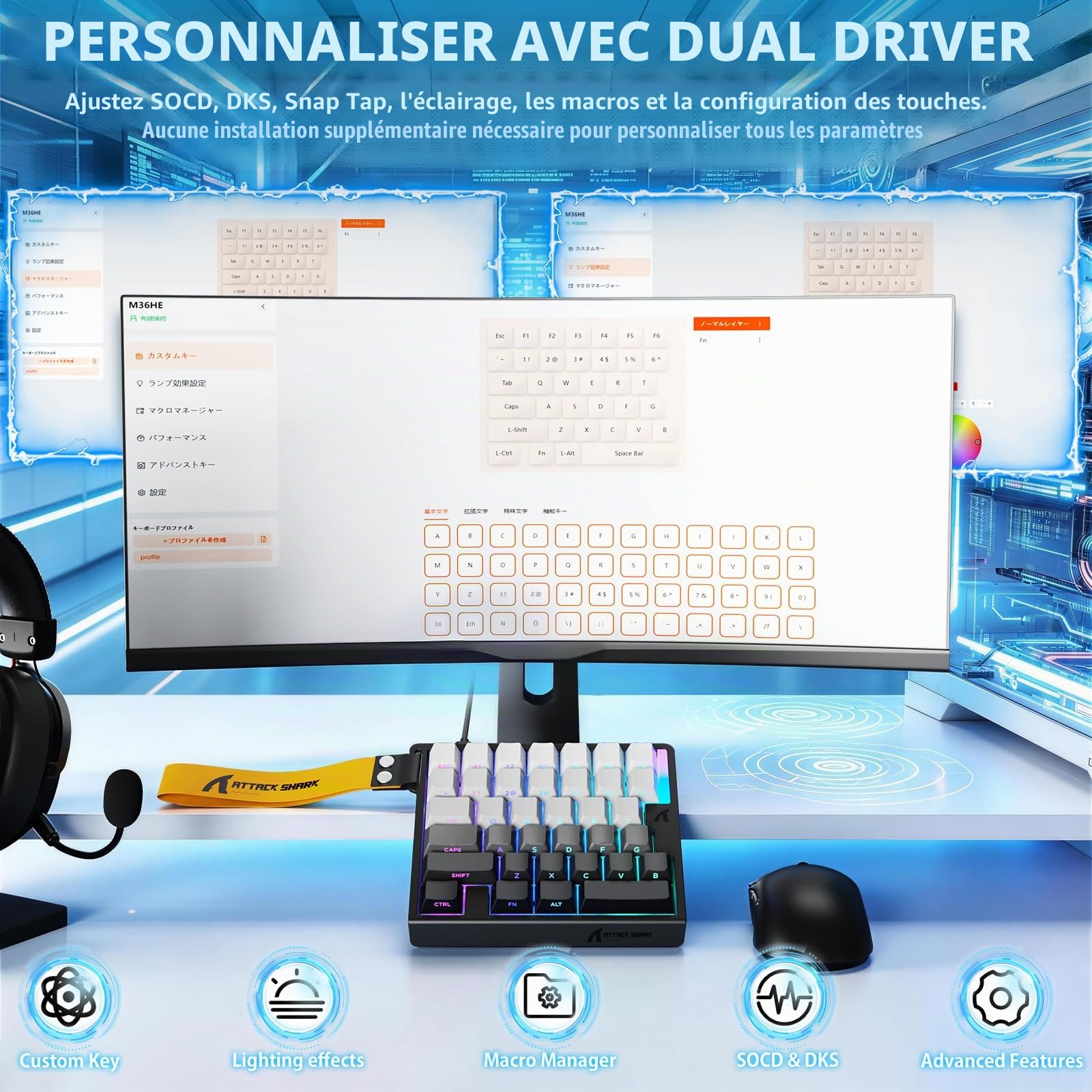 MAMBASNAKE Attack Shark M36 HE Clavier Gaming Une Main 8000Hz Rapid Trigger, 36 Touches Filaire Interrupteur Magnétique, Précision RT 0,01mm, SOCD & DKS, Rétroéclairage RGB, Compatible PC/Mac, Lune