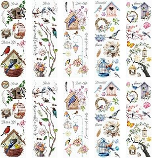 WANDIC 10 Sheets Rub On Transfer Sticker, Vintage Flower Decals Retro Birdcage Flower Bird Stickers for DIY Scrapbooking Photo Albums Furniture,11.8 * 3.9in