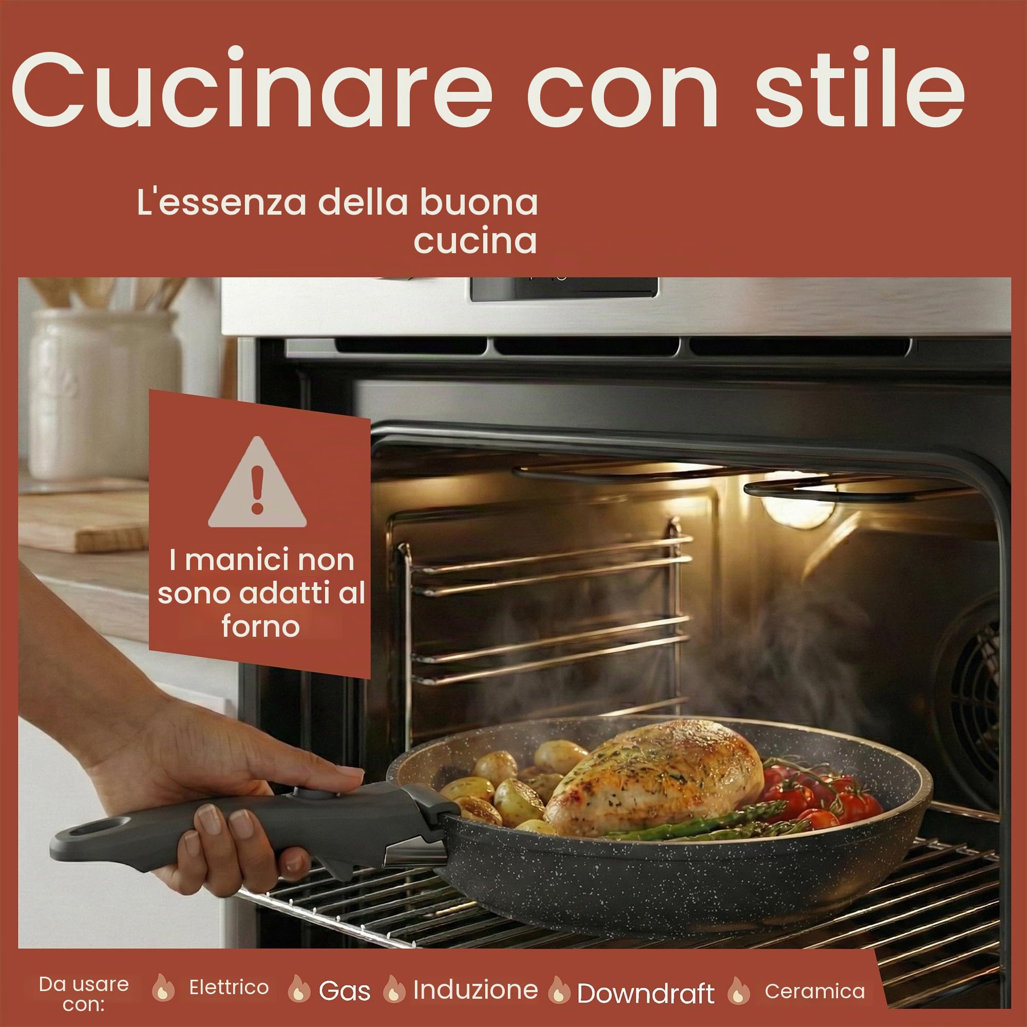 Bakken-Swiss - Set di pentole rimovibili, 15 pezzi, in granito, antiaderente, ecologico, con manici rimovibili impilabili, per tutti i fornelli e forno, rivestimento in marmo nero
