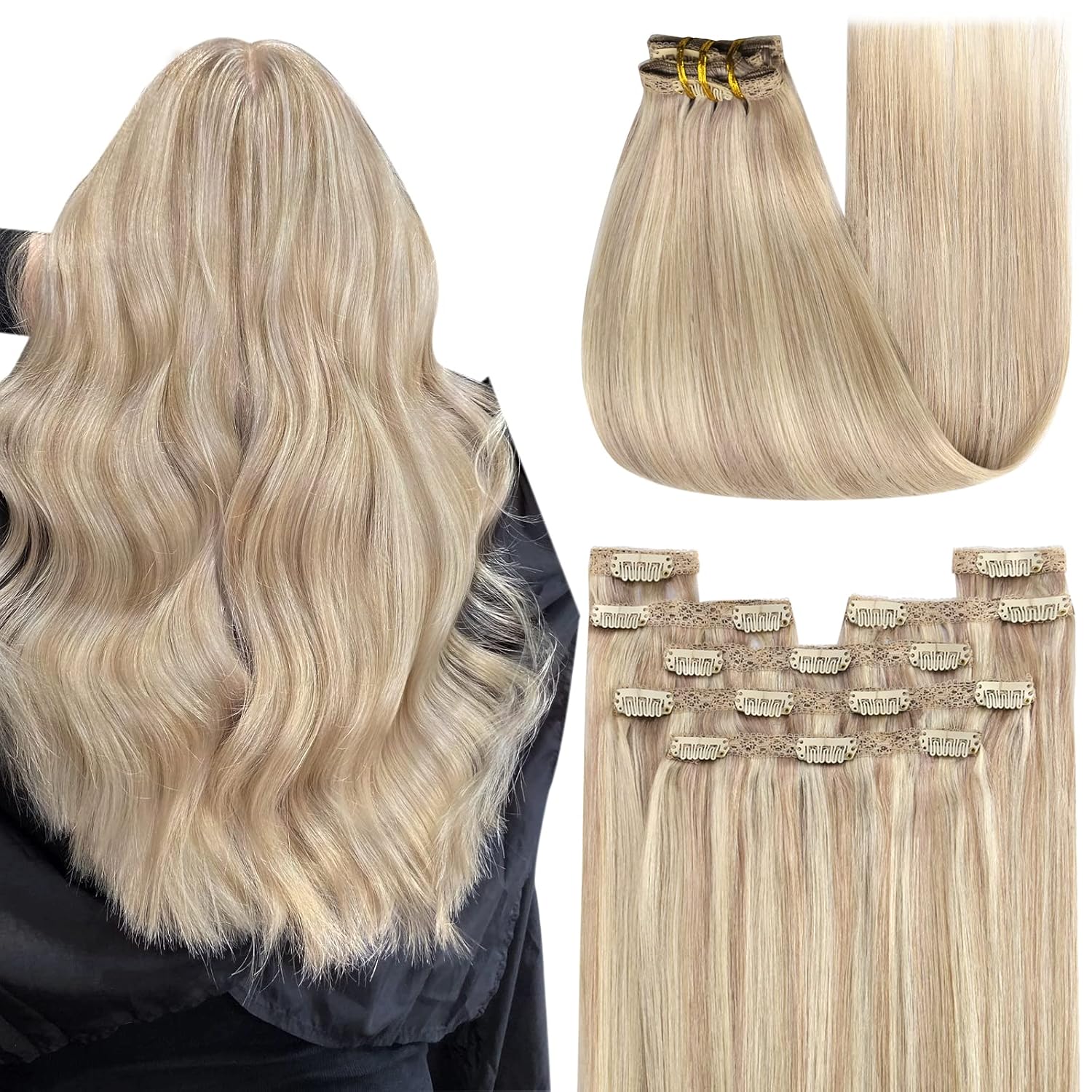 YoungSee Echthaar Extensions Clip Blond Remy Glatt Haar Extensions Clip