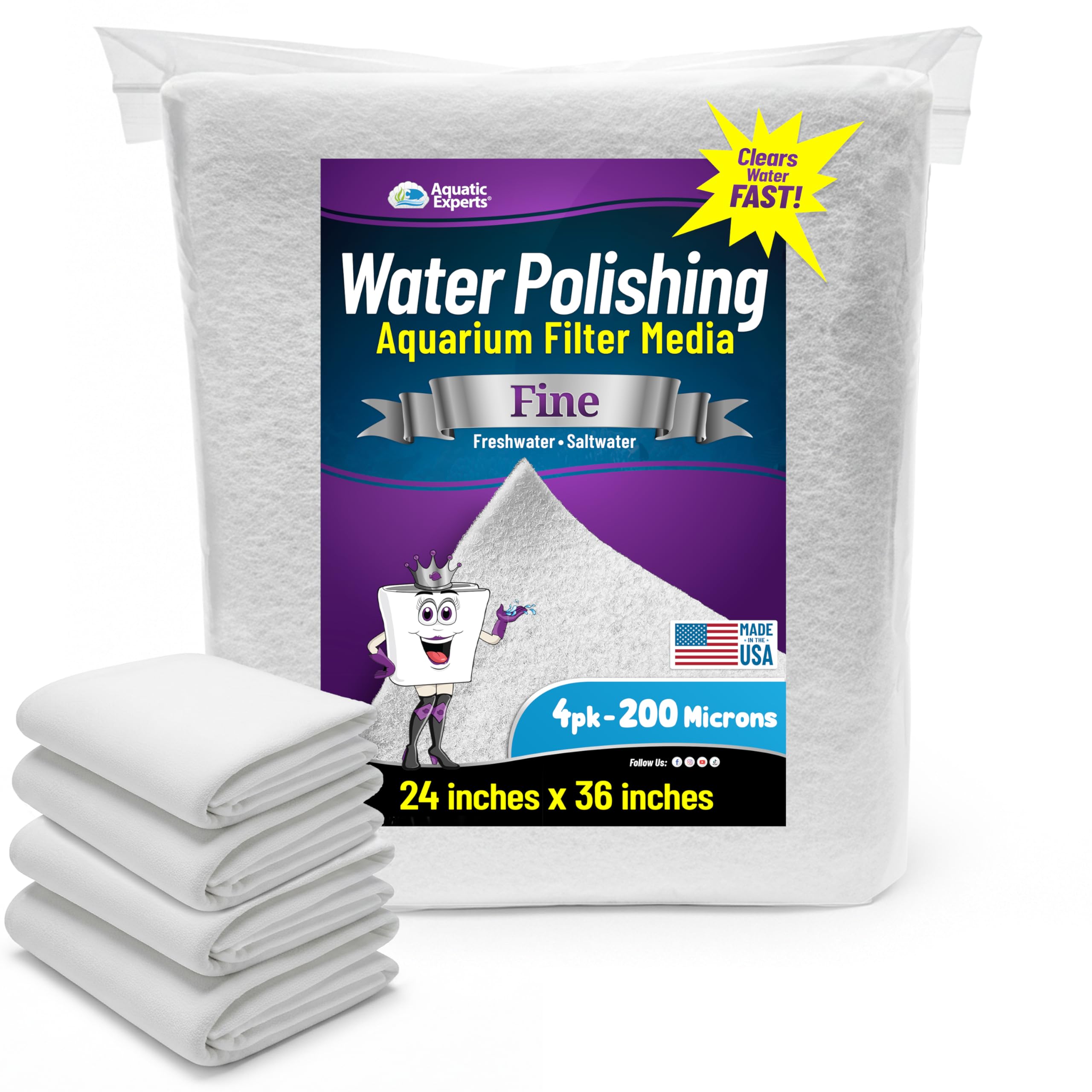 Aquatic Experts Aquarium Polishing Filter Pad, Water Polishing Pad for Aquarium Filters, Filter Floss for Fish Tank Filters, (200 Micron, 24" x 36" - 4 Pack) โ image 1