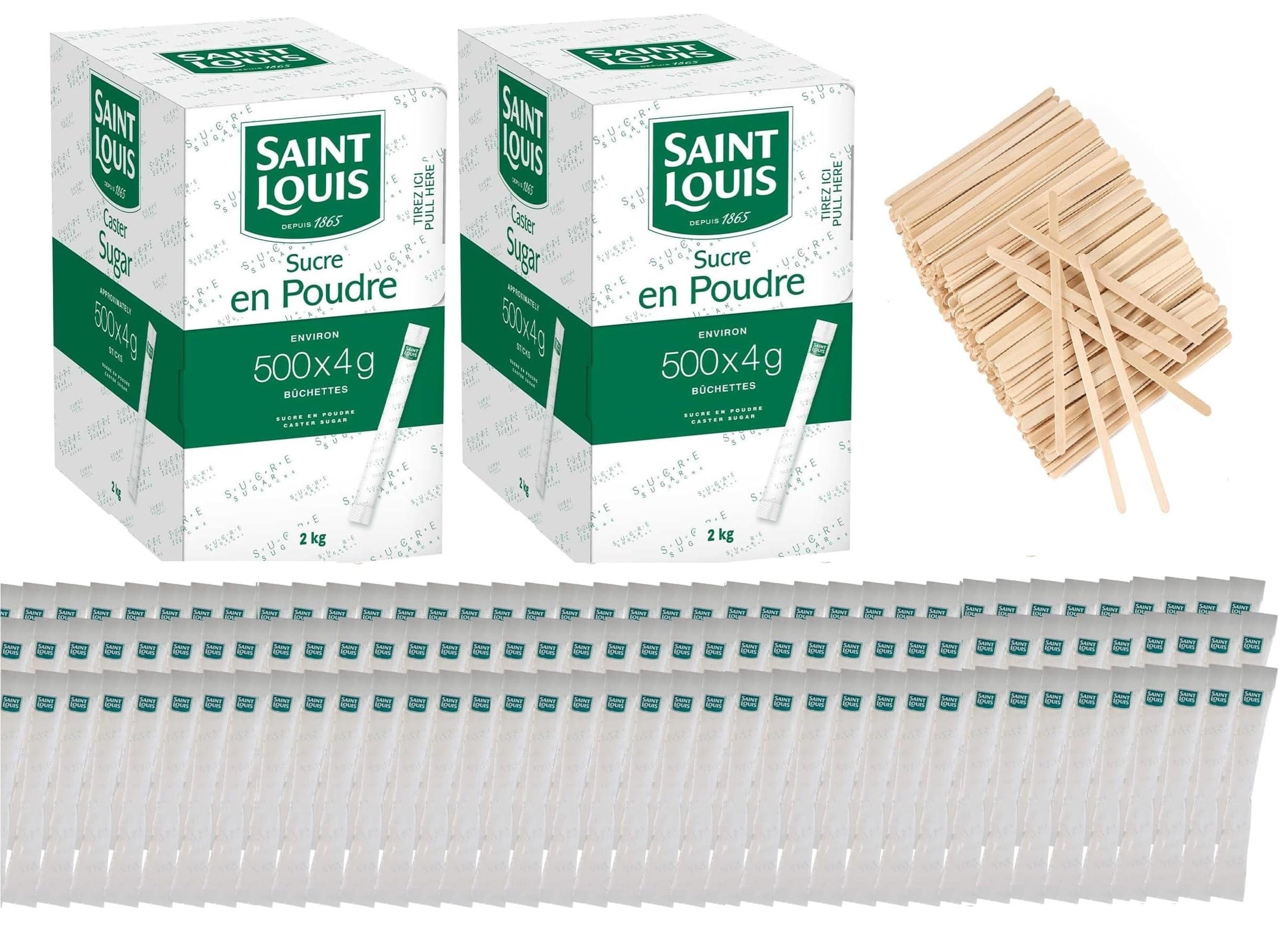 Sucre Blanc en Poudre SAINT LOUIS – 1000 Bûchettes 4 g (4 kg) avec Agitateurs en Bois – Idéal pour Professionnels – Offre Spéciale