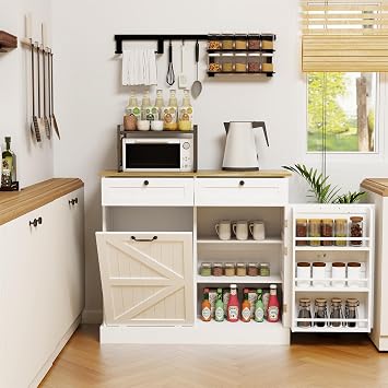 Tilt Out Trash Can Cabinet, Kitchen Trash Can Cabinet with Two Drawers Freestanding Organizer for 10-Gallon Cans in Kitchen, Laundry, Pantry