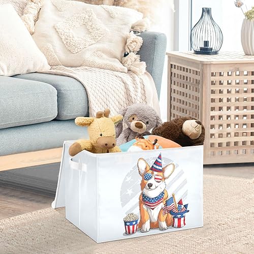 Miniatura 5 de susiyo Welsh Corgi - Cubos de almacenamiento plegables con tapa para el hogar del Día de los Caídos del 4 de julio, organizadores para el hogar,