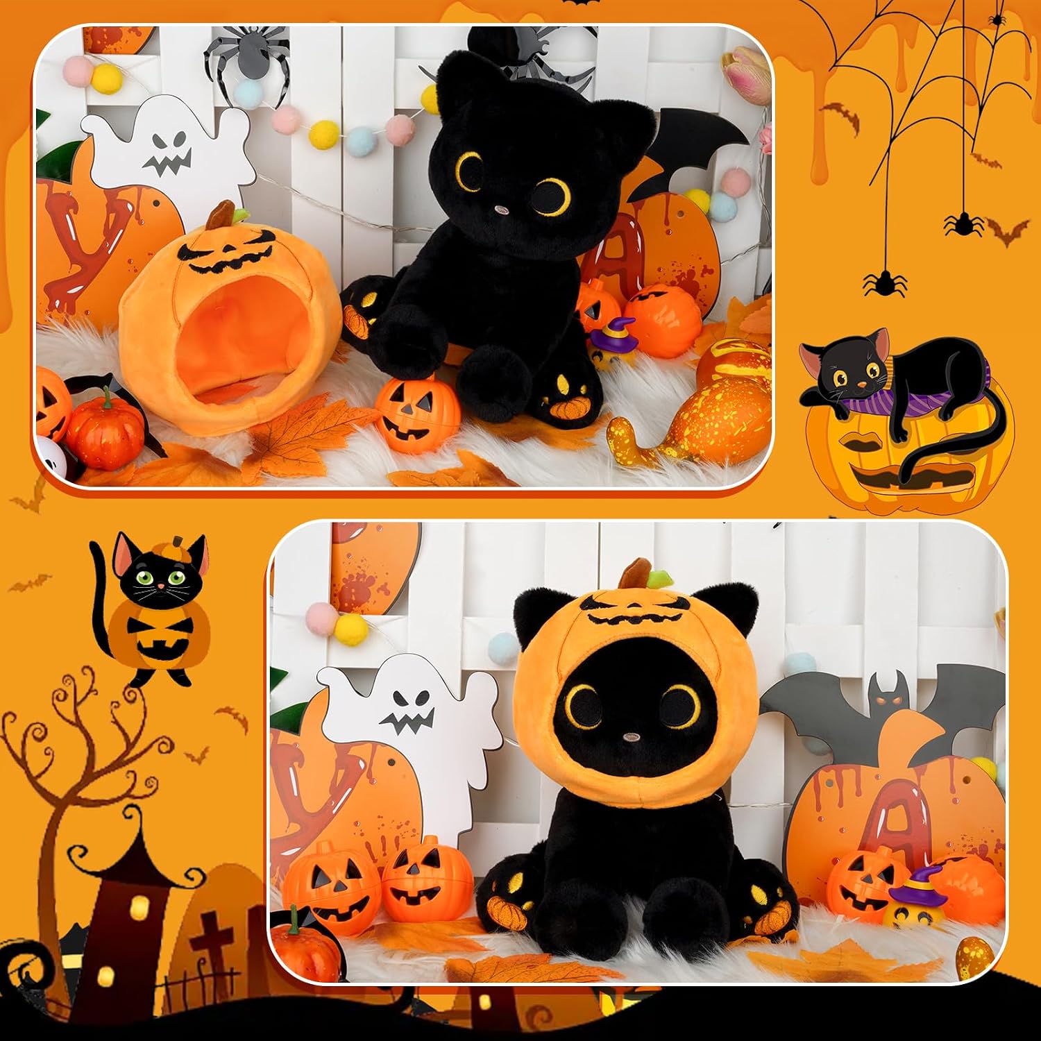 Halloween Plush, 8inch Pumpkin Black Cat Plush Halloween Stuffed Animals for Kids, Cute Plushies Kawaii Stuffed Cat Soft Doll Toy for Boys, Girls, Girlfriend image 5