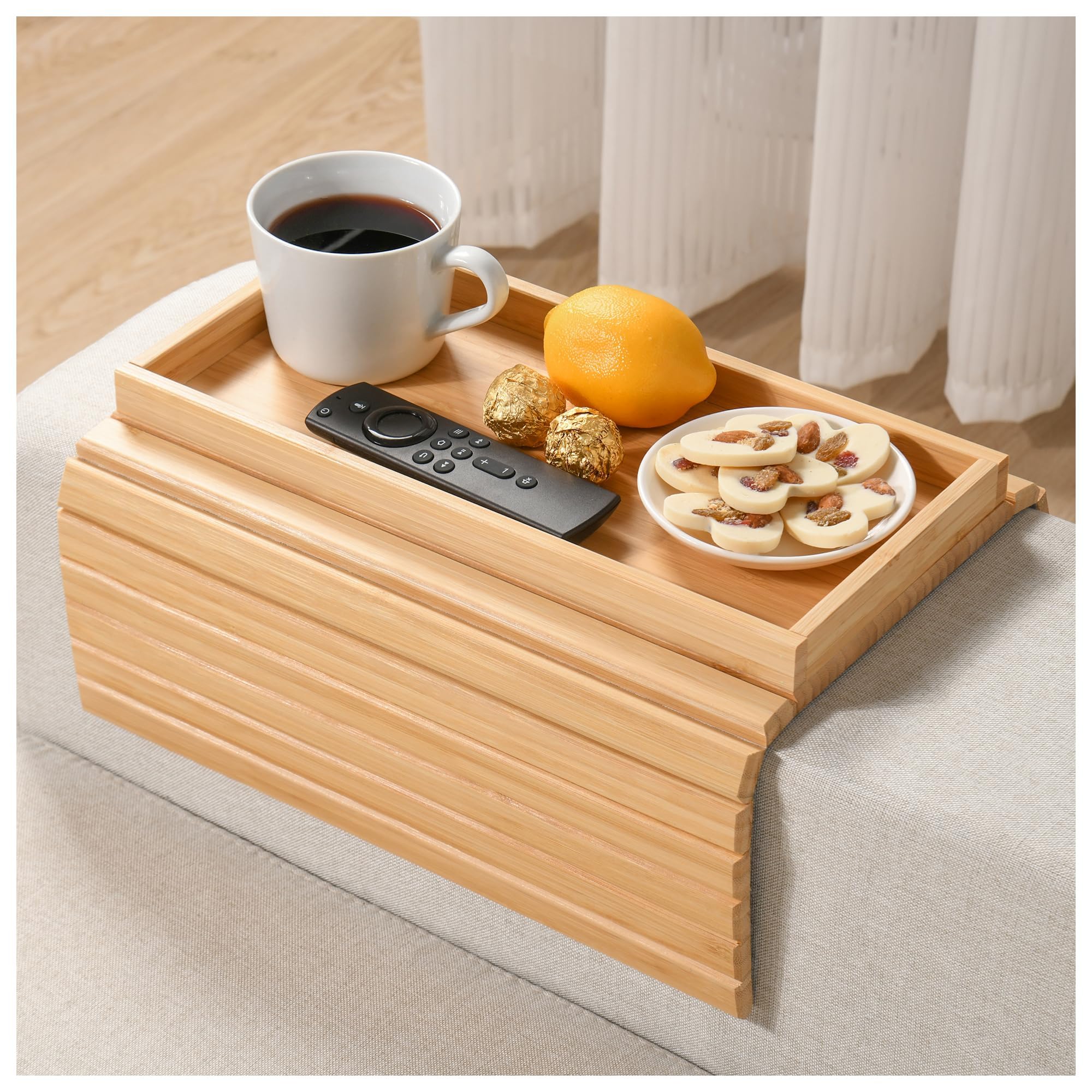 WGNIVOROUS Natural Bamboo Sofa Arm Tray, Armchair Tray, Adjustable Sofa Support, Sofa Side Table for Remote Control Drink