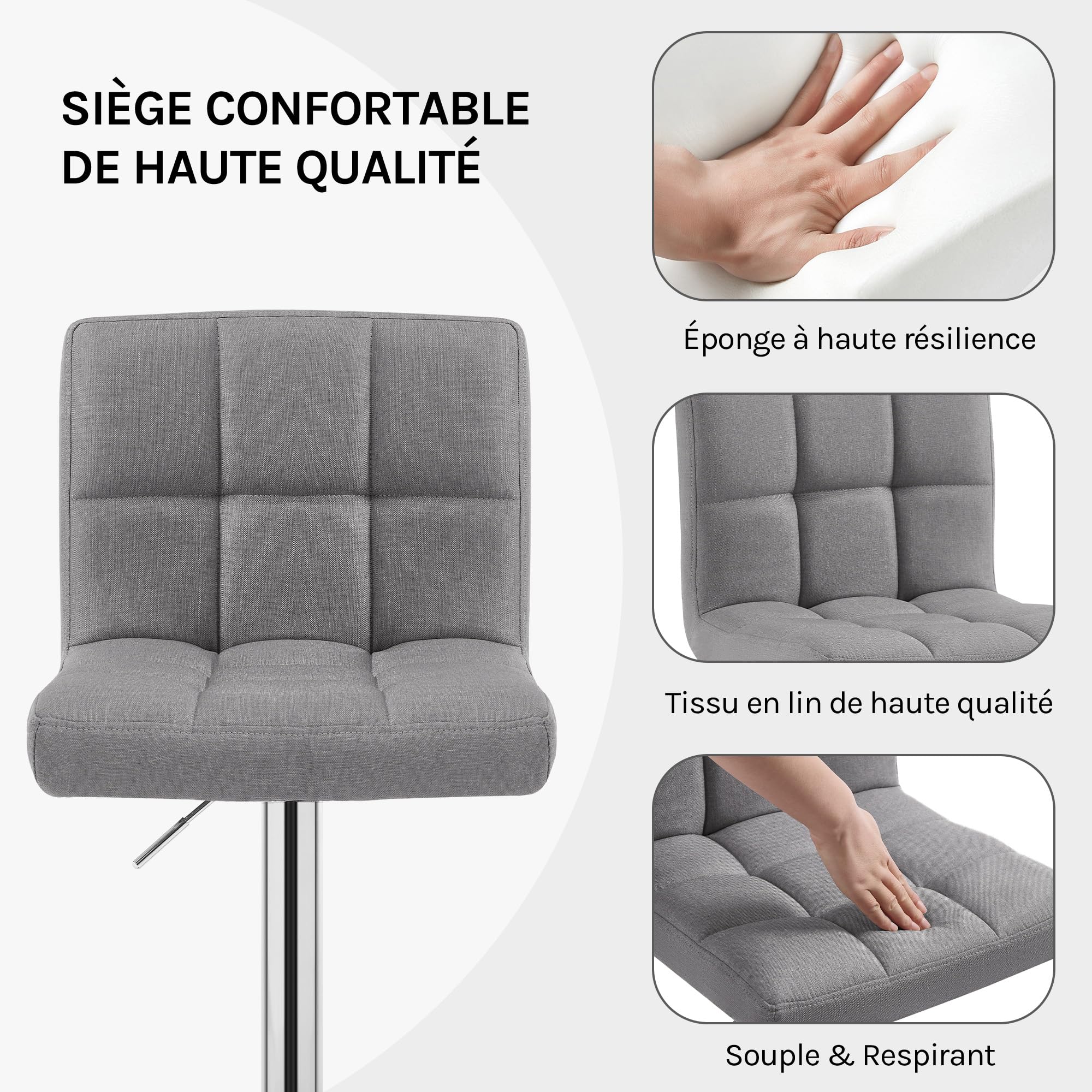 WOLTU Tabouret Bar Lot de 2, Chaise Haute de Bar Pivotant à 360° et Réglable en Hauteur, pour Îlot Central Cuisine, Comptoir, Tabourets avec Dossier et Repose-pieds, en Lin, Gris Clair