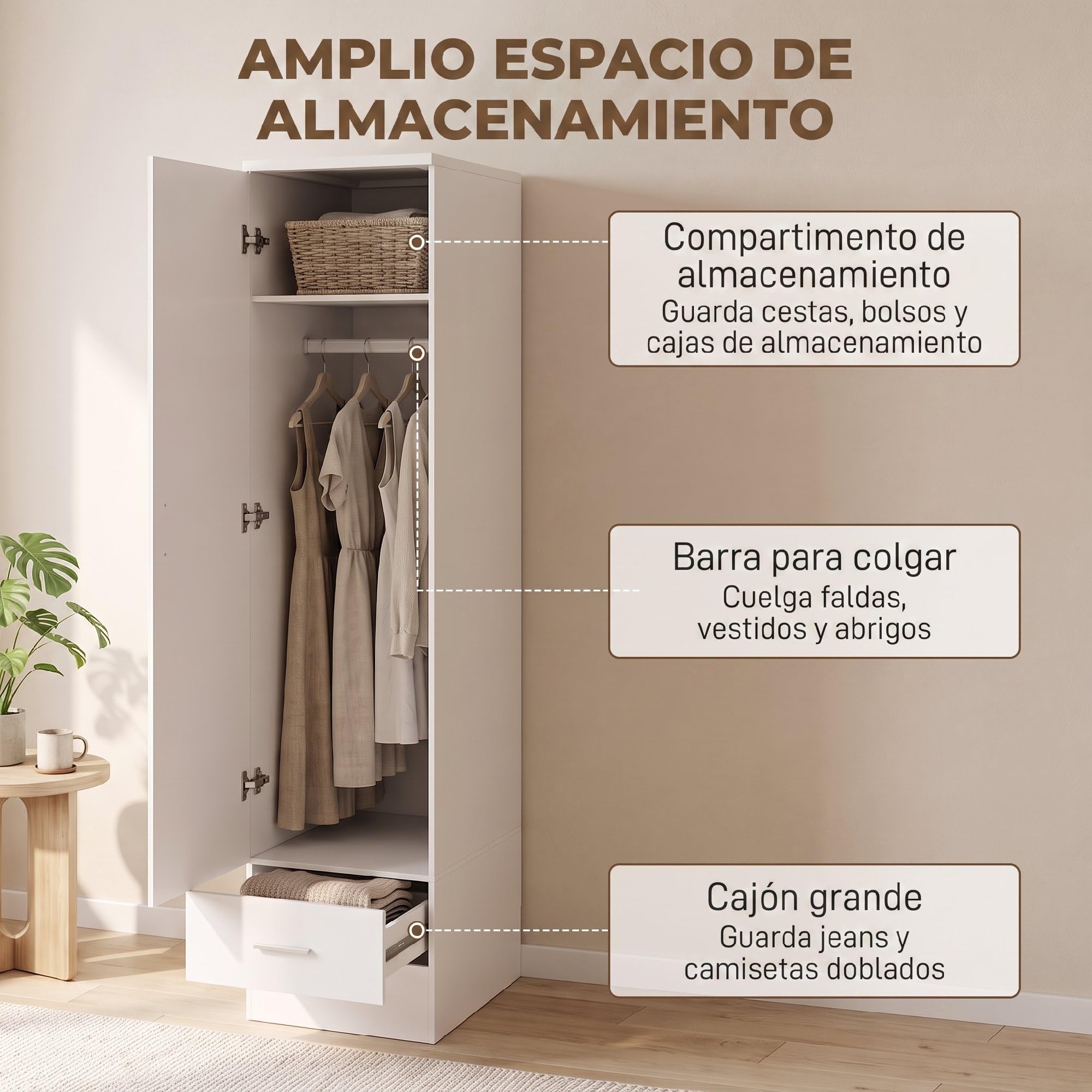 HOMCOM Armario Dormitorio Moderno, Armario Ropero 40x52x170 cm Blanco | Barra para Colgar, Cajón, Estante Superior