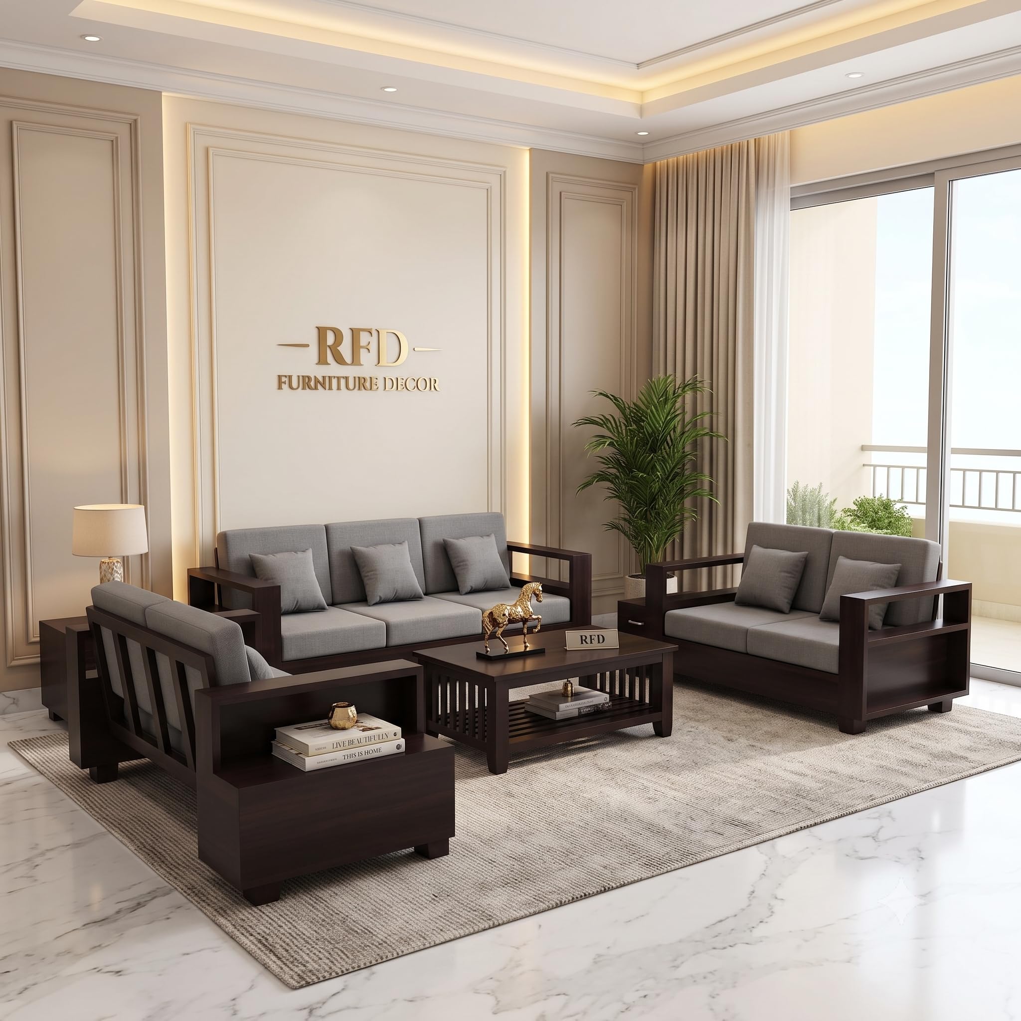 Royal Furniture Decor Sheesham Wooden 7 Seater Sofa Set for Living Room | Solid Wood Sofa with Side Box Storage & Cushion | Rosewood | Walnut Finish-image-4