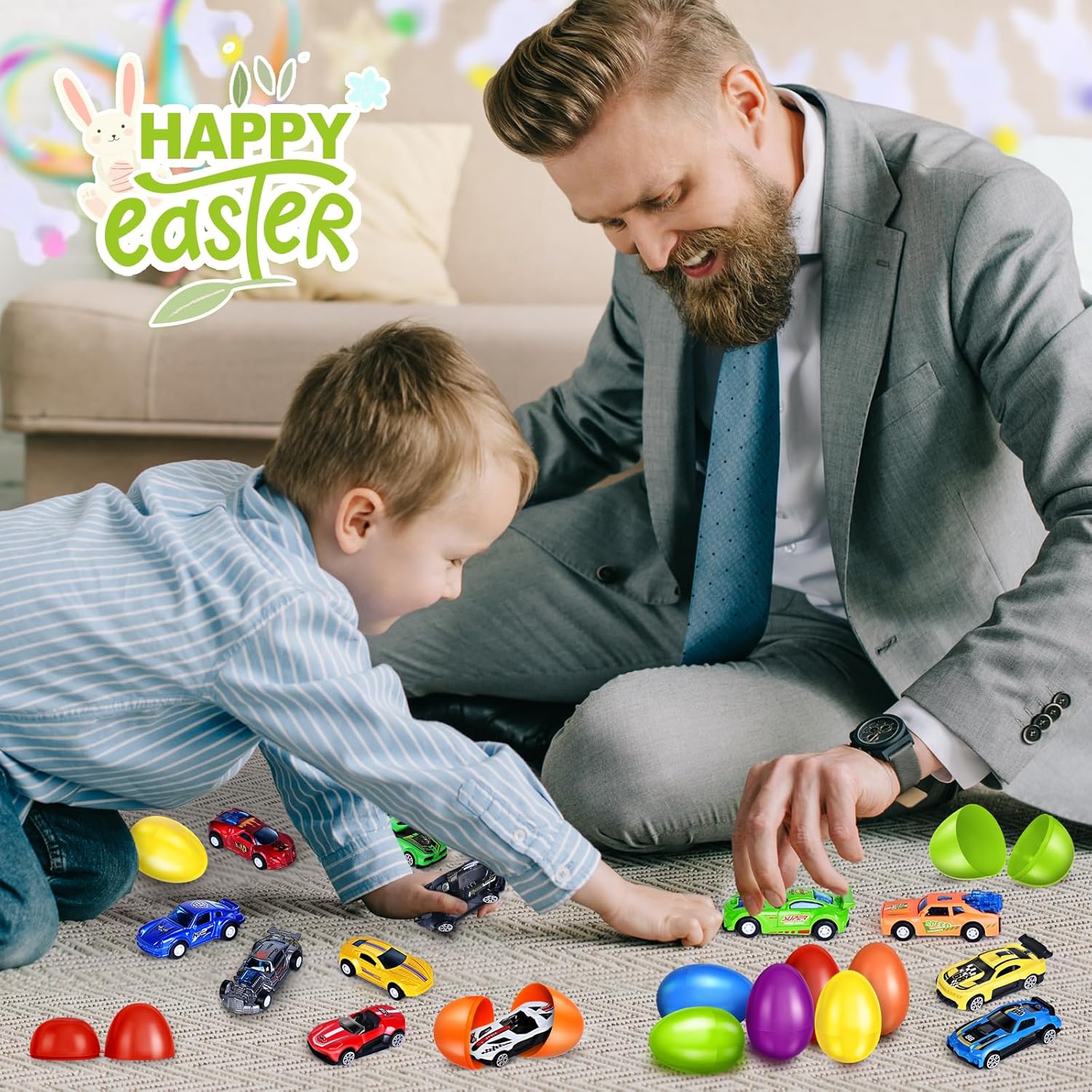 12Pack Prefilled Easter Eggs with Toys Inside, Easter Egg with Die-cast Racing Cars for Kids Basket Stuffers, Hunting Games, Party Favor, Prizes Reward