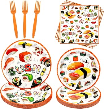 Sushi Birthday Party Decorations, Including Dinner Plates,Dessert Plates, Napkins, Forks, for Sushi Themed Party Supplies Serves 25