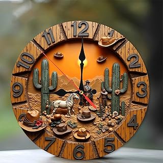 Western Cowboy Cactus Sunset Clock Wall Decor 10-Inch Wooden Wall Clock, Silent Movement, Battery Operated (AA Batteries Not Included), Artistic Home Decor, Perfect for Home Accents