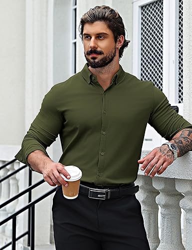 Vista 4 de URRU Camisas de vestir musculosas para hombre, ajustadas, elásticas, de manga larga y corta, casual, con botones