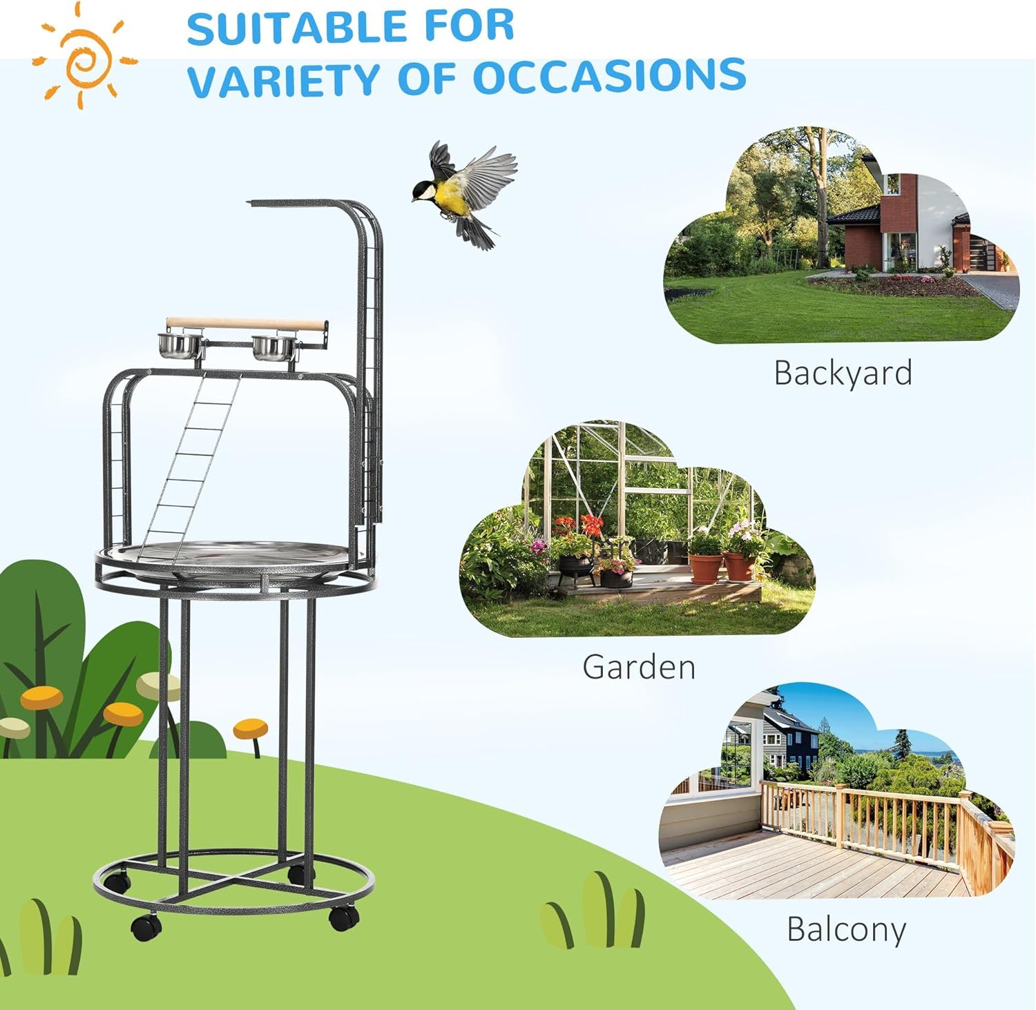 3Ladders 38x11x34inch 5 Pounds Capacity Bird Perch with Toy Hook Durable Natural Eco-Friendly Solid Wooden LightCharcoal