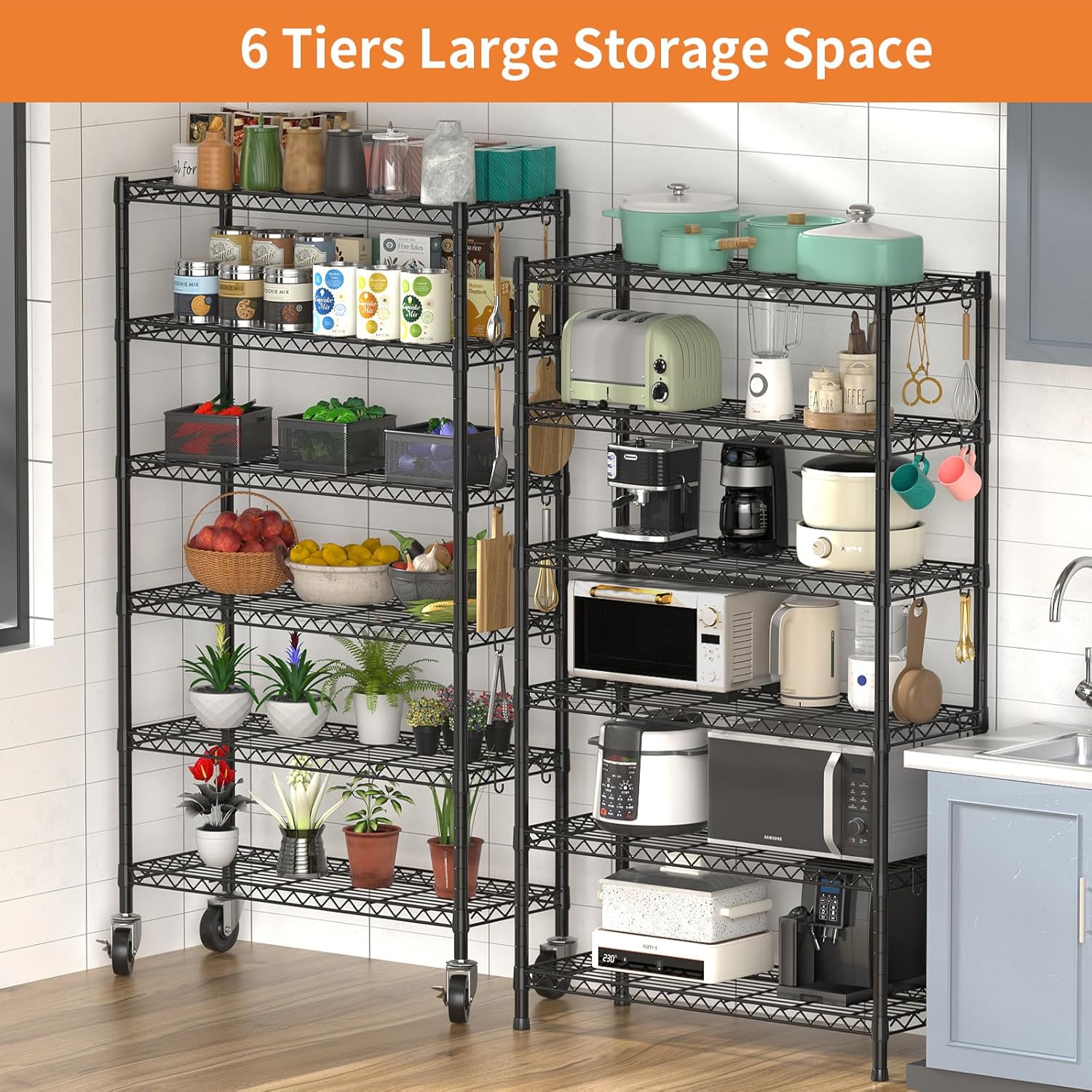 Wire Shelving Unit with Wheels, 6-tier Metal Shelving with Adjustable Storage Shelves Freestanding Sturdy Metal Wire Storage Shelf Organizer Rack for Pantry Garage Kitchen, 36"W x 14"D x 75"H