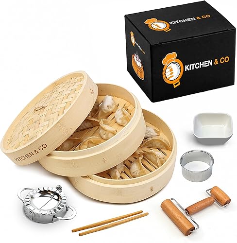 KITCHEN & CO Vaporizador de bambú de 10 pulgadas, juego completo de 2 niveles de cesta de vapor de bambú, 2 palillos, 1 rodillo, plato de cerámica y