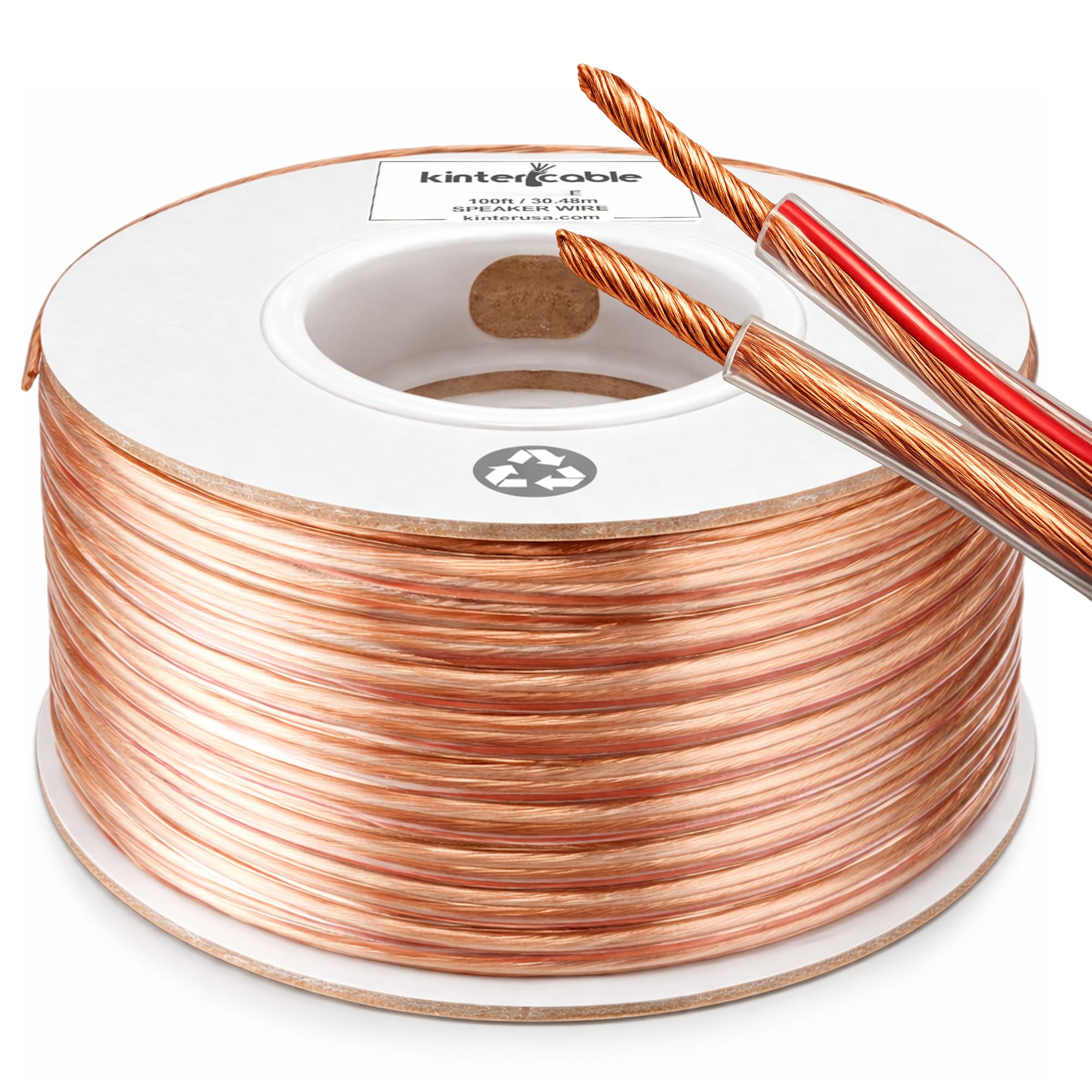 Kinter Cable de altavoz estéreo de calibre 14 de 100 pies, 30,48 metros, polaridad de 2 conductores, marcado de PVC transparente, CCA, carrete en caja, para cine en casa, HiFi, Surround, audio de