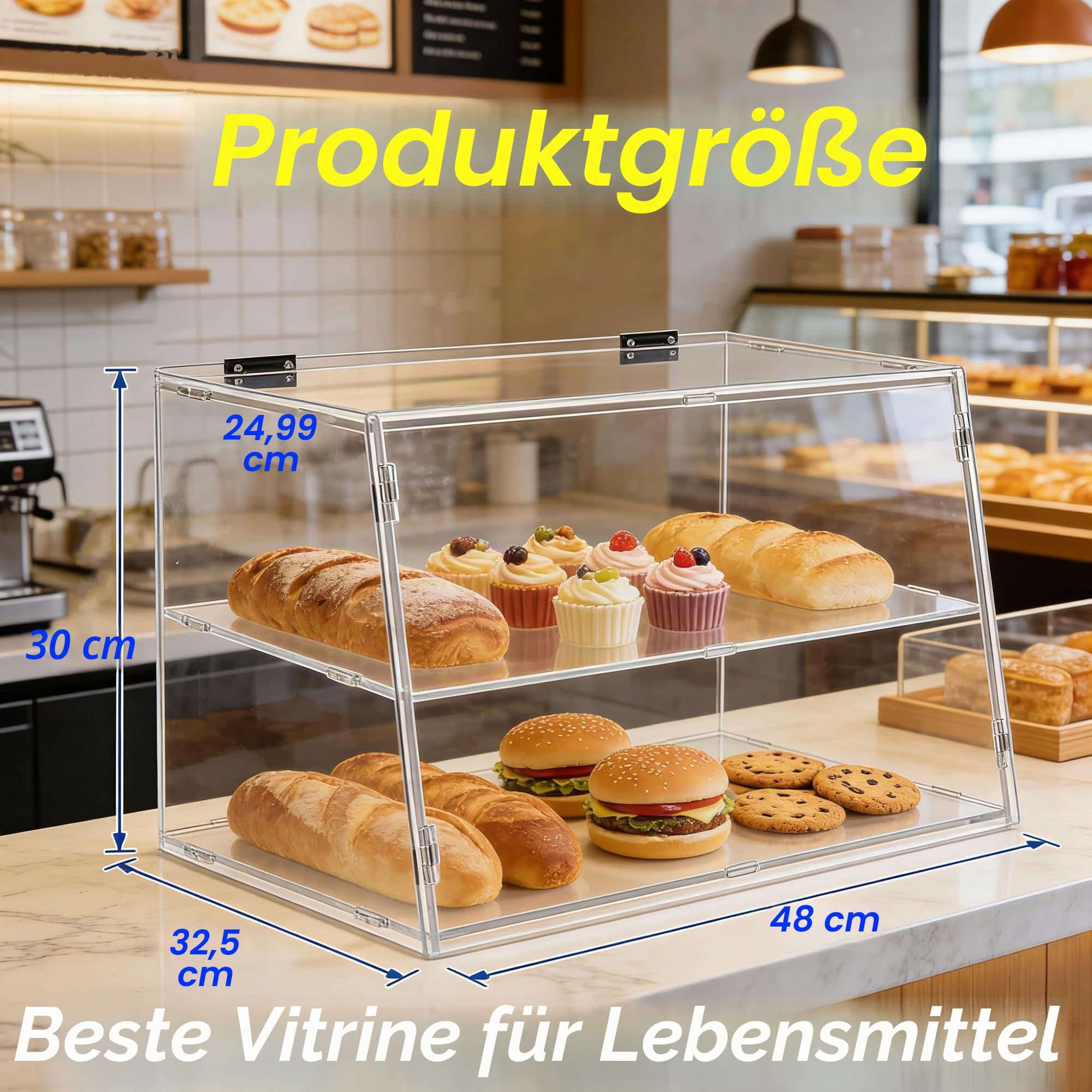 2-Ebenen-Bäckerei-Vitrine mit hinterer Hebetür, Gebäck-Vitrine für Küchenarbeitsplatte, Acryl-Klarsicht-Lebensmittel-Vitrine, hält Donuts, Bagels, Kuchen und Kekse frisch