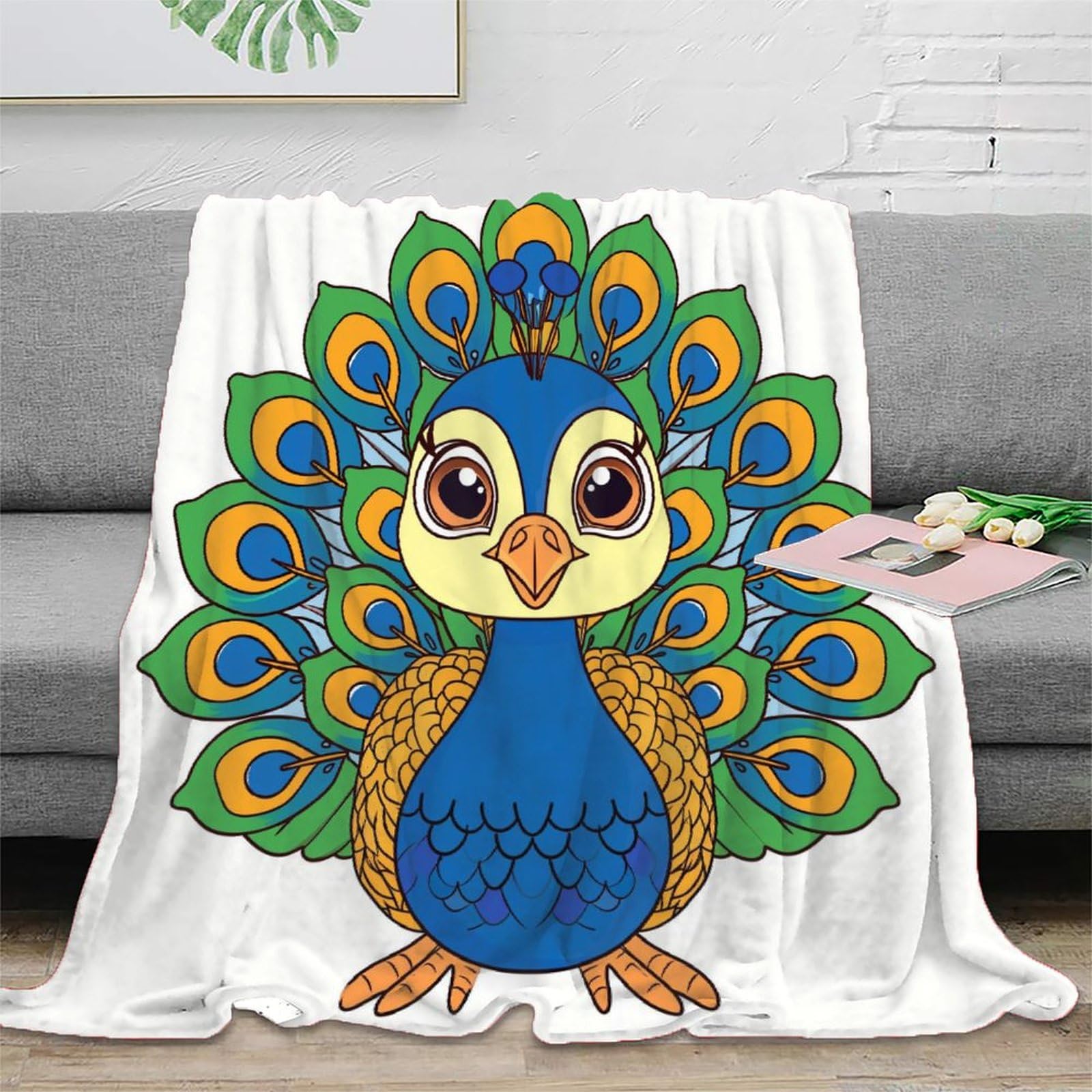 Couverture paon 3D peluche super douce en flanelle premium pour lit de garçon