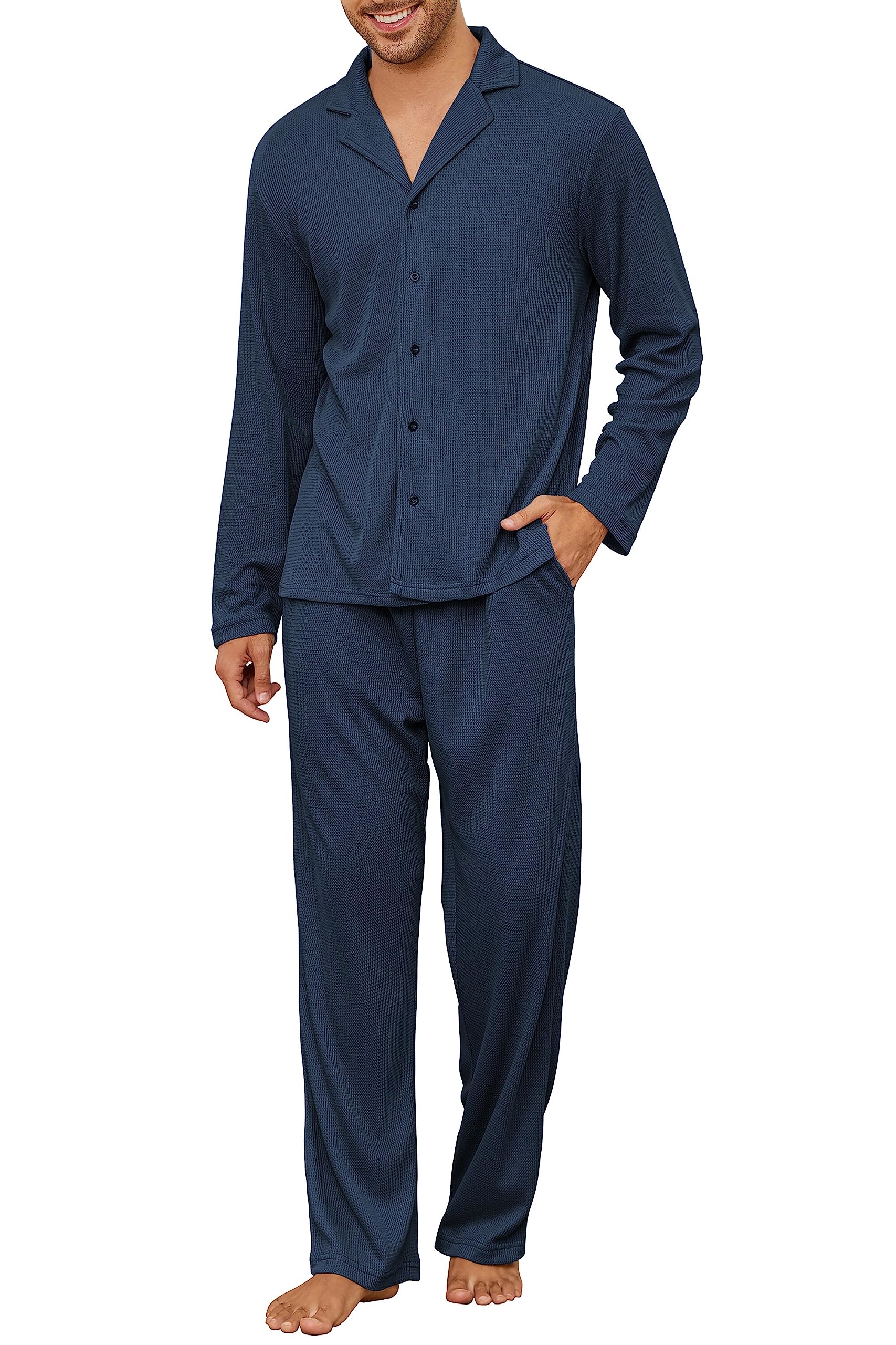Andeip Men's Pajama Set Waffle Knit Lounge Pjs Set Long Sleeve Top and Pants Sleepwear 2 Piece Button Down Loungewear