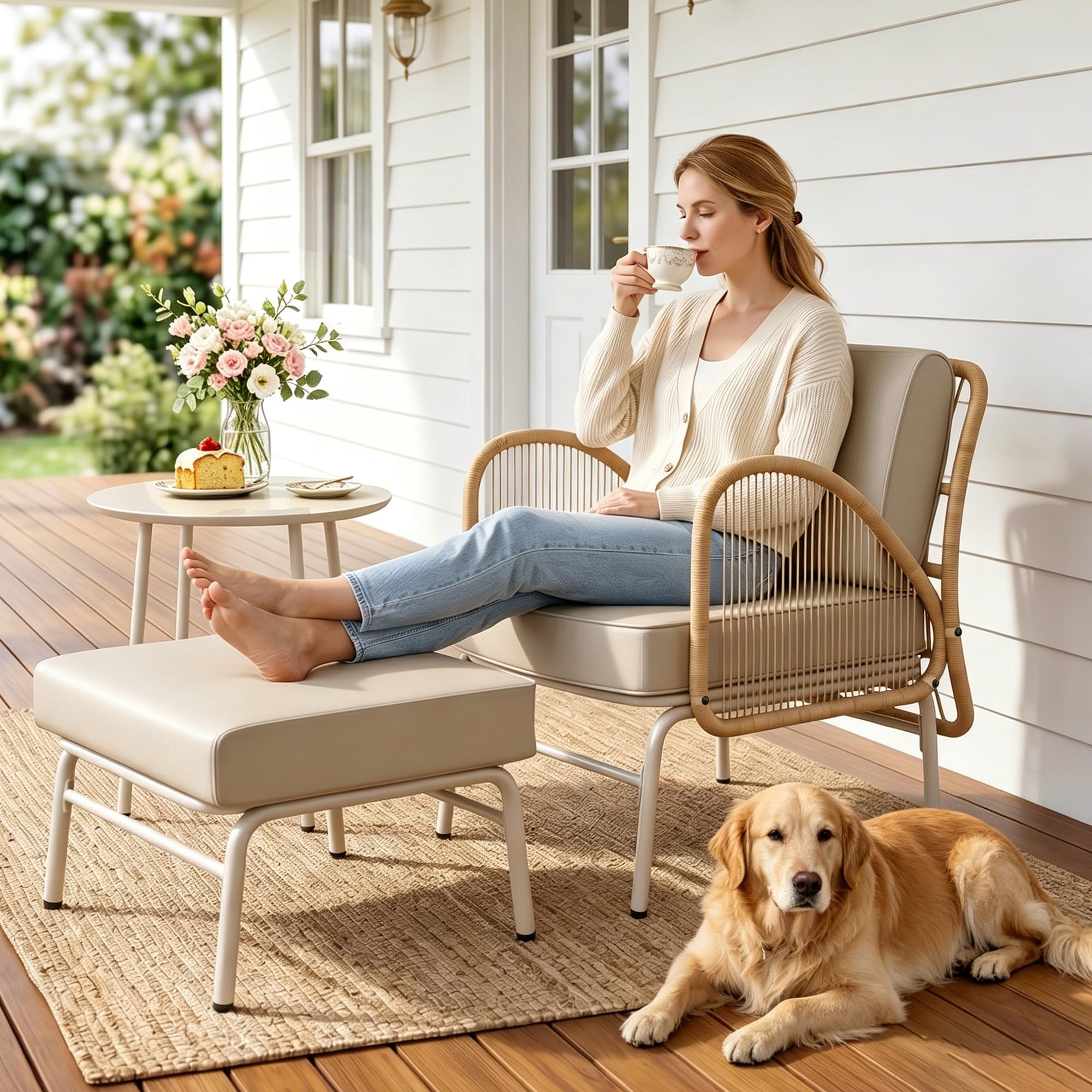 ALAULM 3-teiliges Rattan-Sitzgruppe, Outdoor Garten-Relaxsessel mit Hocker und rundem Couchtisch, Gepolstertes minimalistisches Bistro-Set für Balkon, Garten, Hinterhof & Terrasse (Khaki)