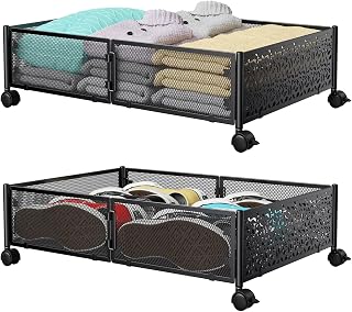 PHINOX Unterbett-Aufbewahrungsbehälter mit Rollen, Metall, 2 Stück, Schwarz | Werkzeugfrei montierba, leichtgängig, einfacher zugriff, für niedrige betten - bewahrt kleidung, schuhe & socken frisch