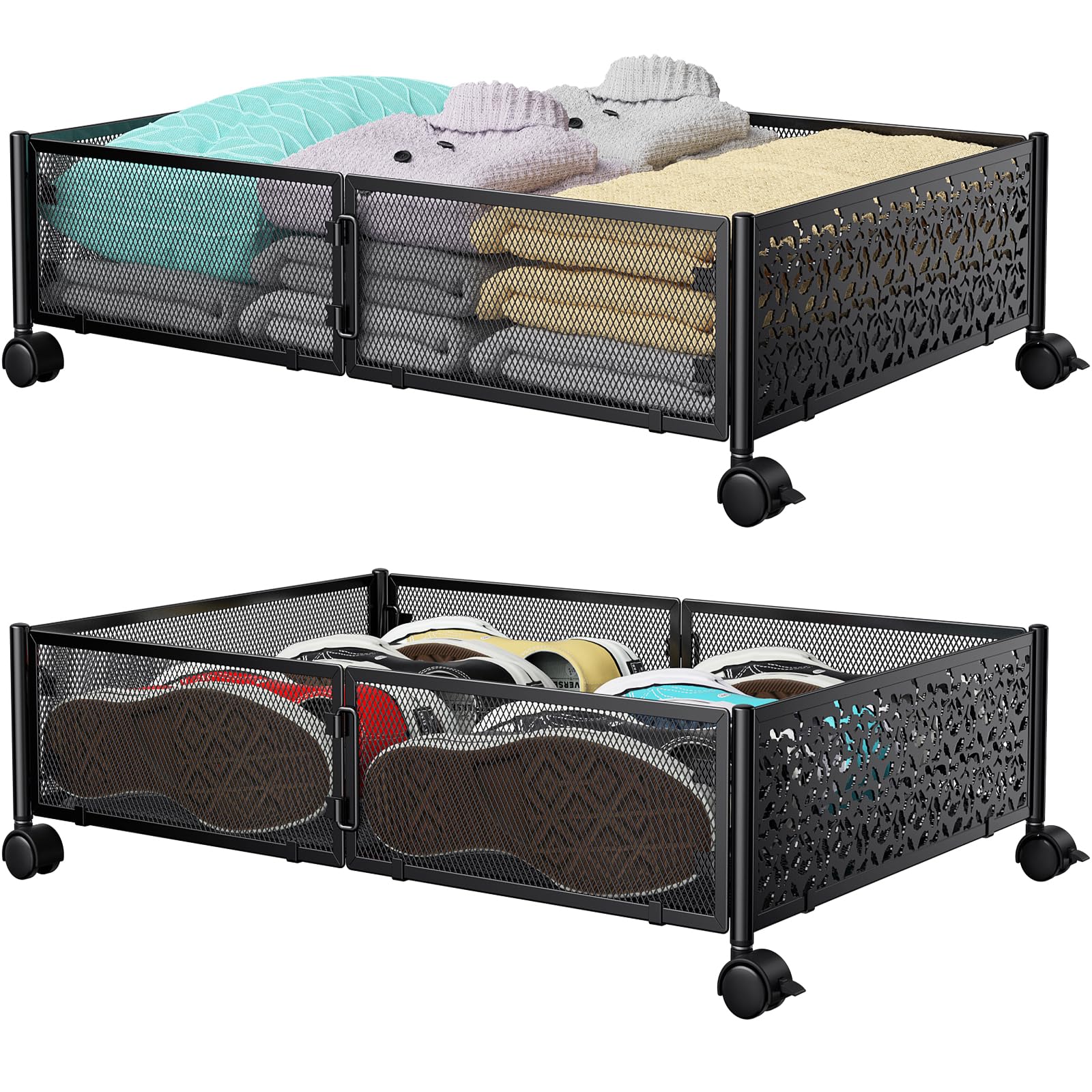 Unterbett-Aufbewahrungsbehälter mit Rollen, Unterbett-Organizer, Schublade, werkzeuglose Montage, Metall-Unterbett-Aufbewahrungsbehälter für Schlafzimmer, Kleidung, Schuhe, Decken, 2 Stück