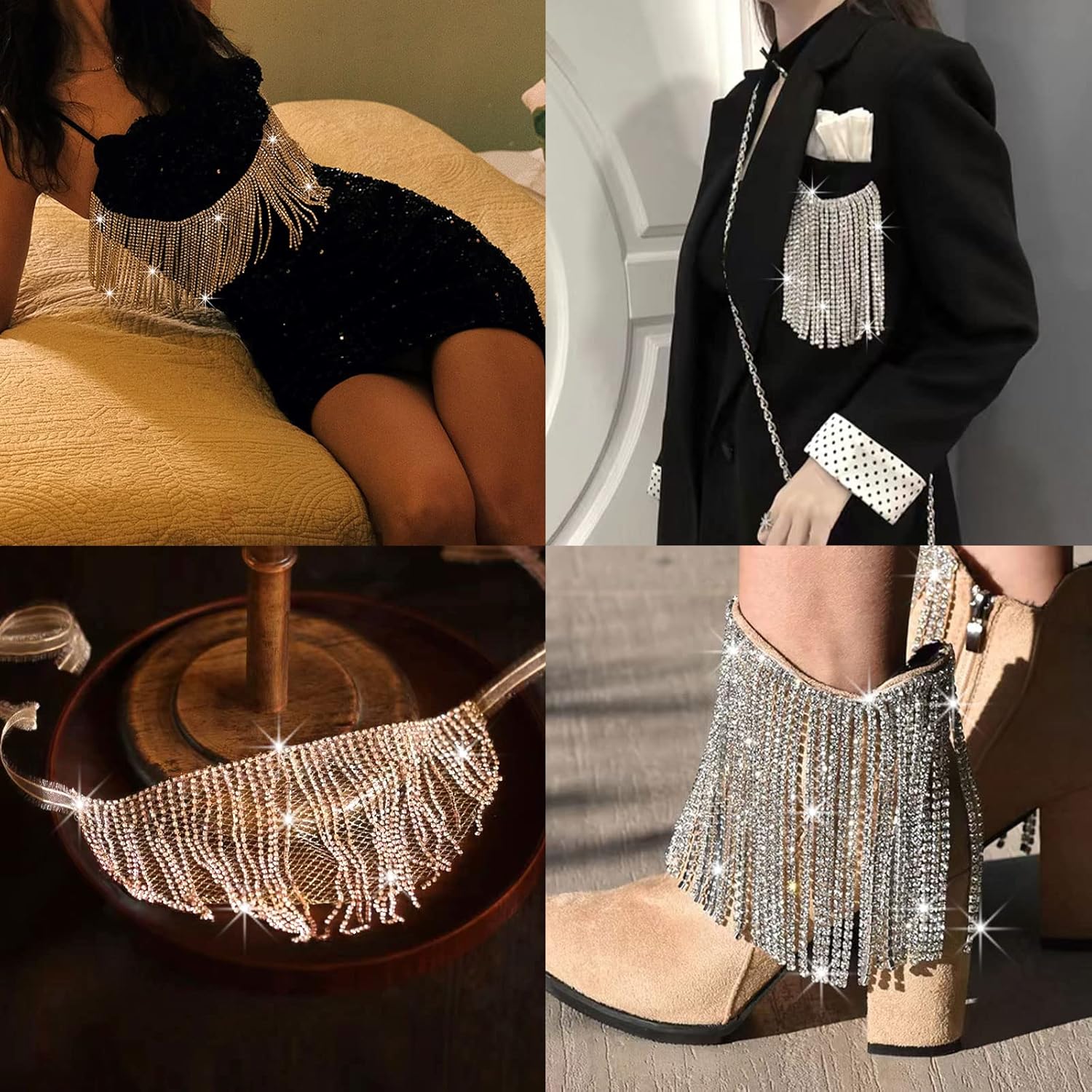 63cm Rhinestone Fringe Trim Irregular 5.0"-6.2" Width Rhinestone Tassel Fringe Trim Crystal Chain Applique for Sewing Crafts Wedding Party Decoration & Bridal Dress