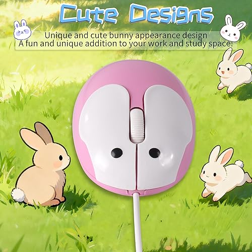 Miniatura 2 de Ratón con cable USB con cable USB con forma de conejo de dibujos animados con cable de 4.59 pies, 3 botones, portátil, pequeño, kawaii, conejito,