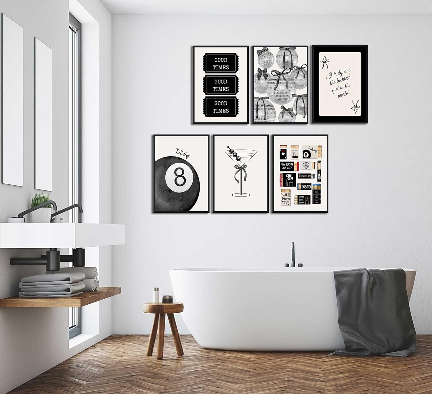 Fashion Black White Preppy Wall Art Funky Bows Disco Lucky 8 Balls Matchbox Picture Wall Decor Vintage Tickets Ace Painting Prints Martini Cocktail Y2K Posters Artwork for Girl Room Dorm Apartment