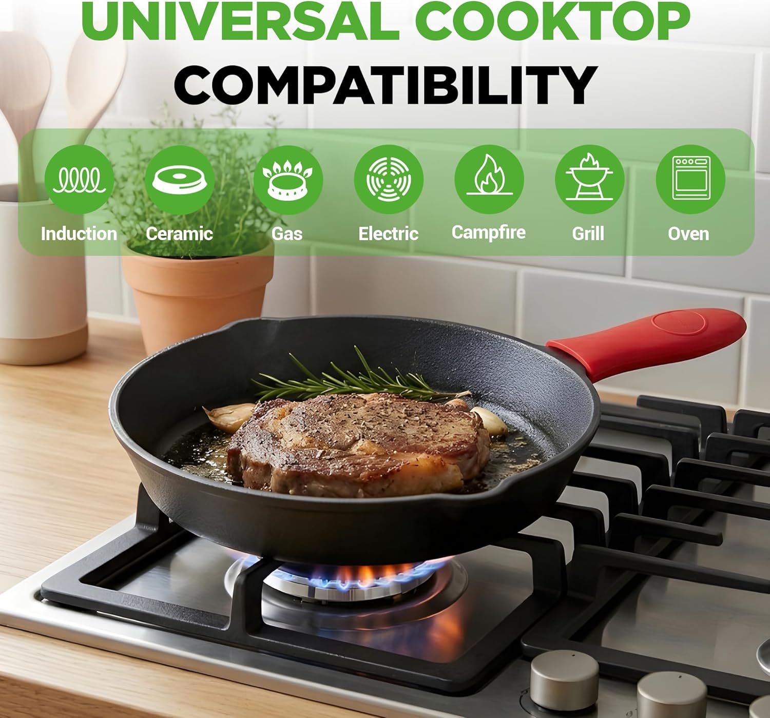 NutriChef 3pc Cast Iron Skillets - Pre-Seasoned Cast Iron Cookware with Drip Spout, Silicone Handles, For All Cooktops