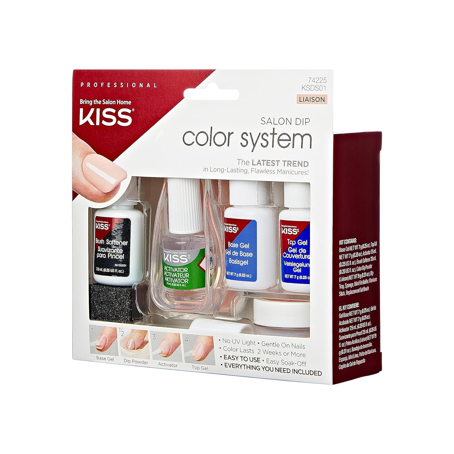 KISS Salon Dip Color System Dip Powder Nail Kit, 'Liaison', No UV Light Needed, Includes 7g Base Gel, 7g Top Gel, 7.5ml Activator, 9g Dip Powder, 7.5ml Brush Softener