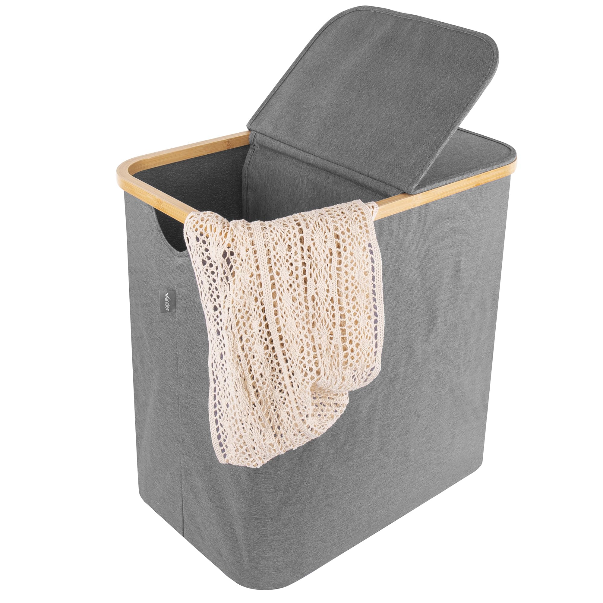 Vencier Extra-Large Bamboo Laundry Hamper with Lid - 88 L Capacity - Spacious Laundry Basket for Bedrooms and Bathrooms - Convenient Handles (Grey) — image 1