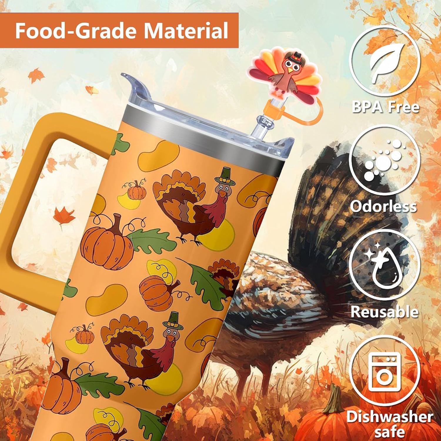 12PCS Thanksgiving Straw Toppers for Stanley Cups,10mm 0.4in Silicone Reusable Halloween Fall Straw Covers Cap Compatible with 30&40oz Tumbler with Handle,Funny Tumbler Accessories for Halloween Gifts - Image 3