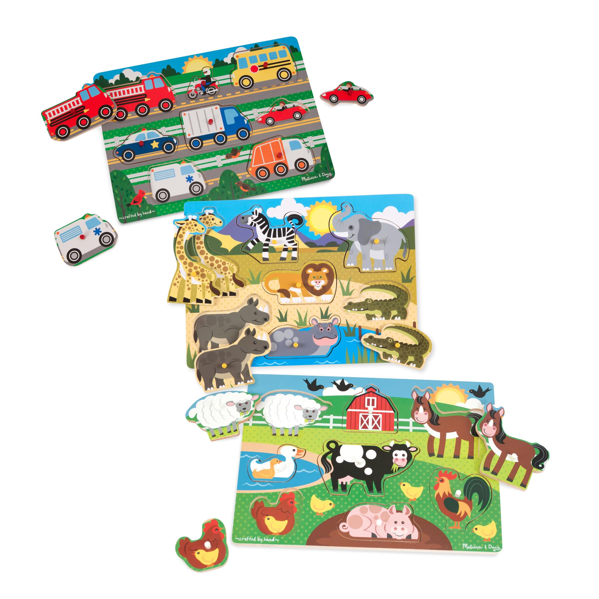 Melissa & Doug Set di 3, Puzzle con Pioli in Legno - Animali della fattoria, Safari e Veicoli, Giochi in legno, Giocattoli per lo sviluppo, 3+, Regalo per bambini e bambine